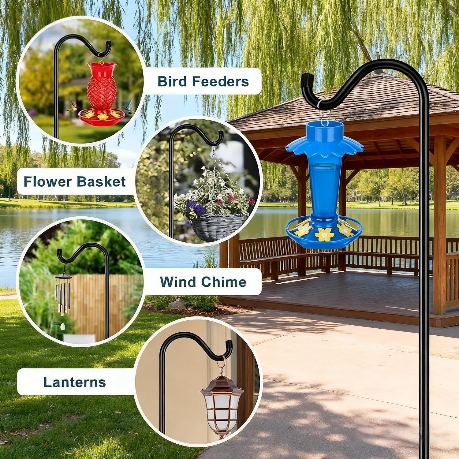 76 Inch Tall Shepherds Hook for Outdoor, Poles with 7 Prongs Base, 3/4 Inch Thick Heavy Duty Adjustable Garden Hook for Hanging Plant, Lantern, Bird Feeder, Hummingbird Feeder, 1 Pack