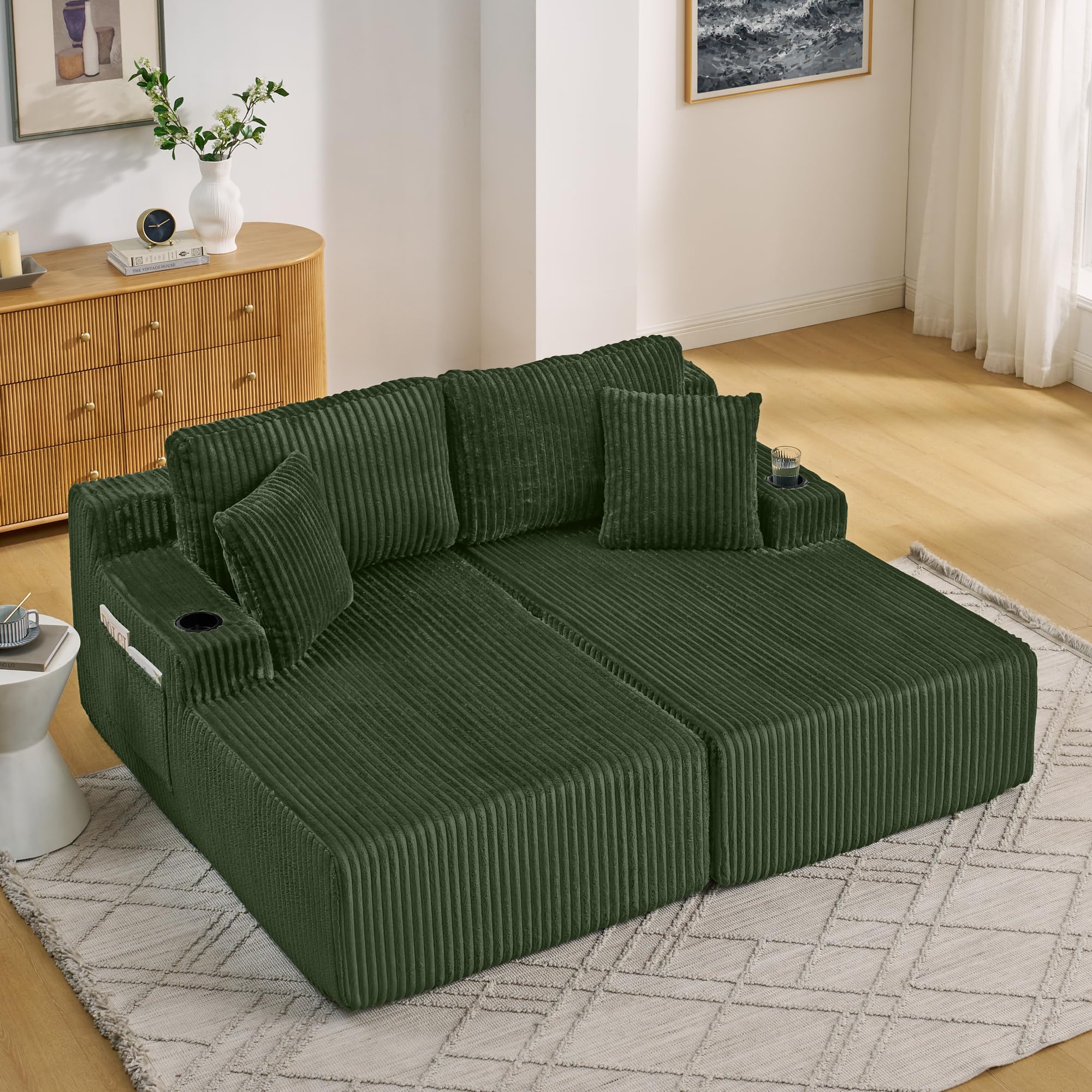 Generisch Sofá cama de pana verde de 2 plazas con accesorios prácticos
