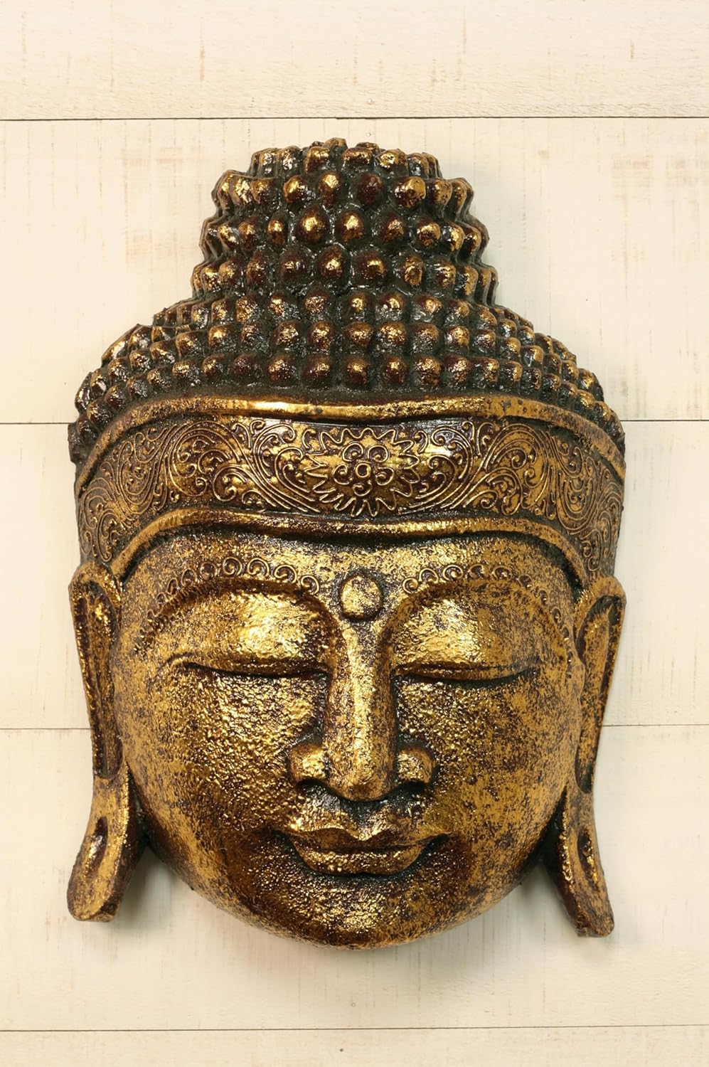 G6 Collection 12" Wooden Wall Mask Serene Buddha Head Statue Hand Carved Sculpture Handmade Figurine Gift Home Decor Accent Handcrafted Art Wall Hanging Decoration Buddha Face Mask (Gold)