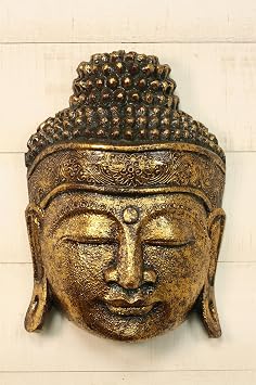 G6 Collection Wooden Handmade Buddha Mask Head Statue - Hand Carved Albizia Wood Serene Gold Face Wall Hanging - Spiritual Blessing Art Gift - Modern Home Decor Accent Shelf - 12 inch