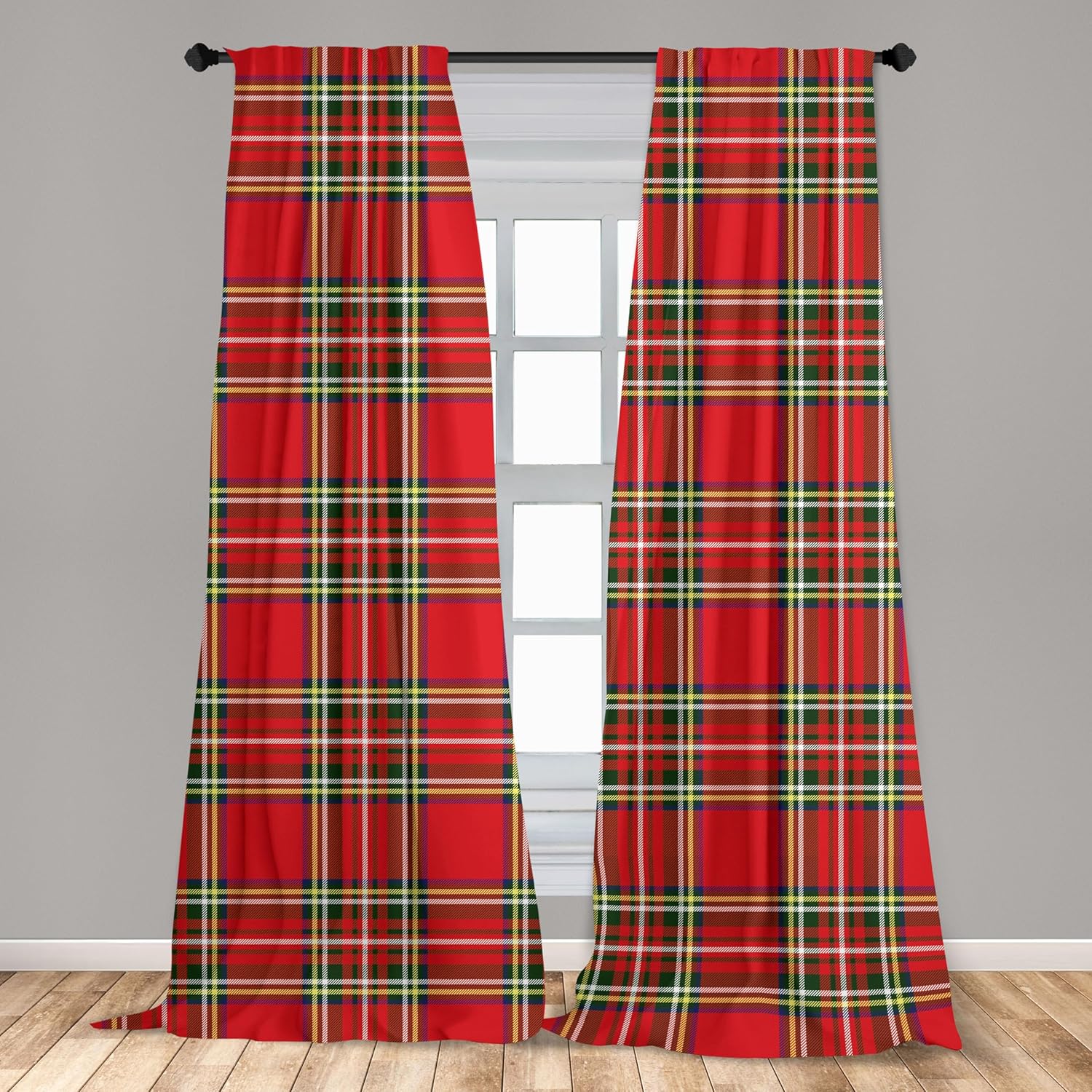Ambesonne Plaid Window Curtain Panels 4 Pack, European Western Culture Inspired Abstract Irish Pattern Vintage Classical Design, Lightweight Set with Rod Pocket, 4 Panels of 28" x 95", Scarlet Grey