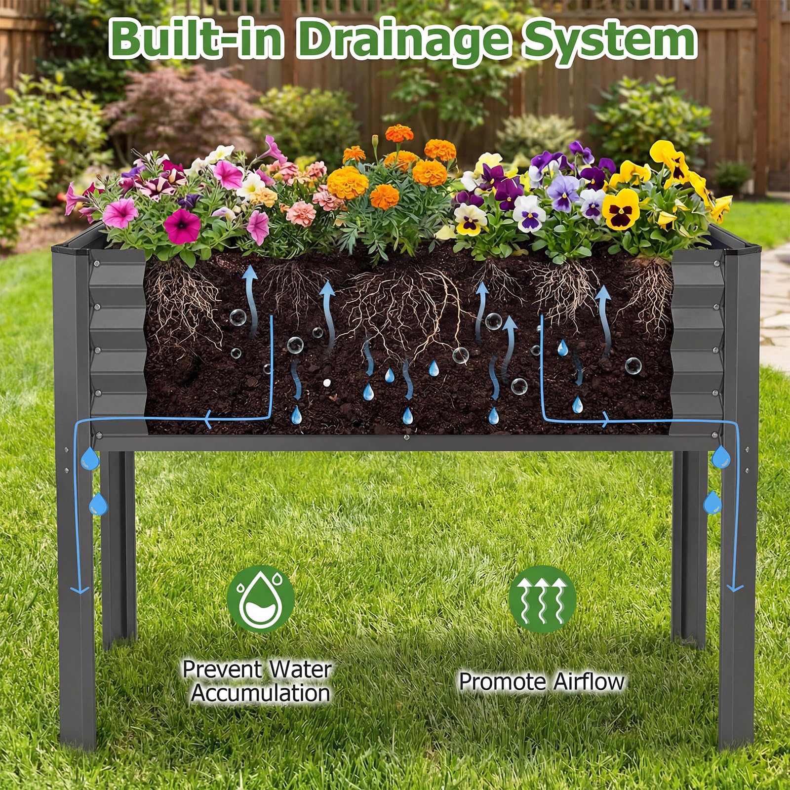 FANTASK Aiuola rialzata in metallo, 118 x 60 x 77,5 cm, con sistema di drenaggio fino a 50 kg, aiuola rialzata per verdure, frutta, fiori, erbe, aiuola rialzata per balcone, giardino, terrazza (grigio