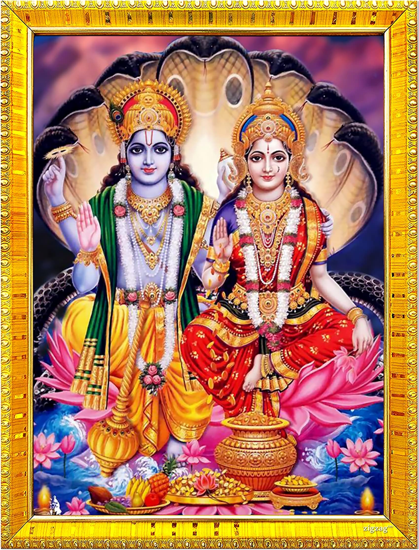 zig zag Lord Lakshmi Narayan/Lord Vishnu With Lakshmi Mata Rectangular Photo Frame For Wall/Table/Pooja Room (7x9 inches, Acrylic Glass) Golden