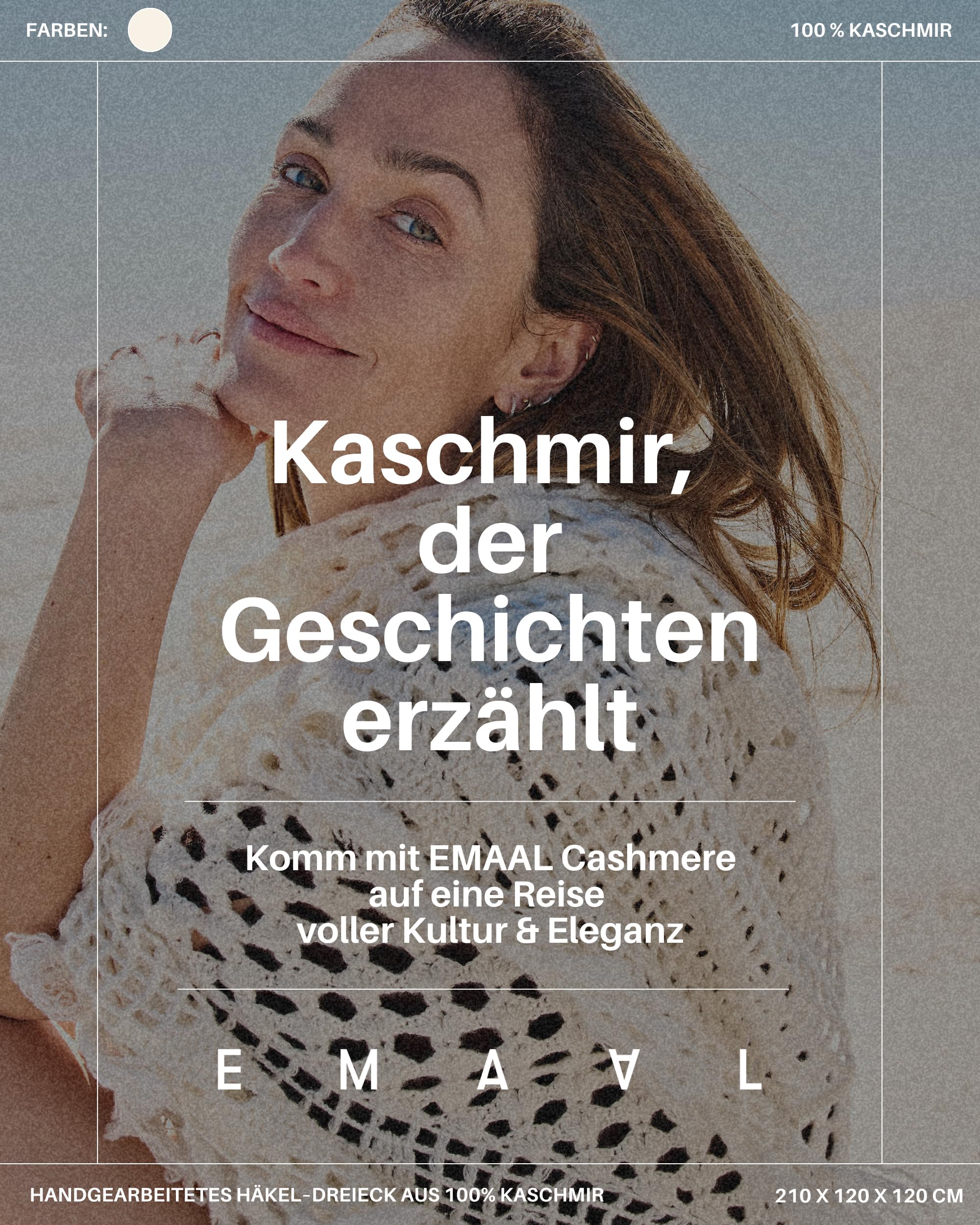 EMAAL 100% Kaschmir Dreieck Schal Quito, Weiss, Hand gehäkelt, 210x120x120cm, Damen/Herren, Design aus der Schweiz, als Geschenk, Stola, elegantes Accessoire, kuschelig, nachhaltig, langlebig