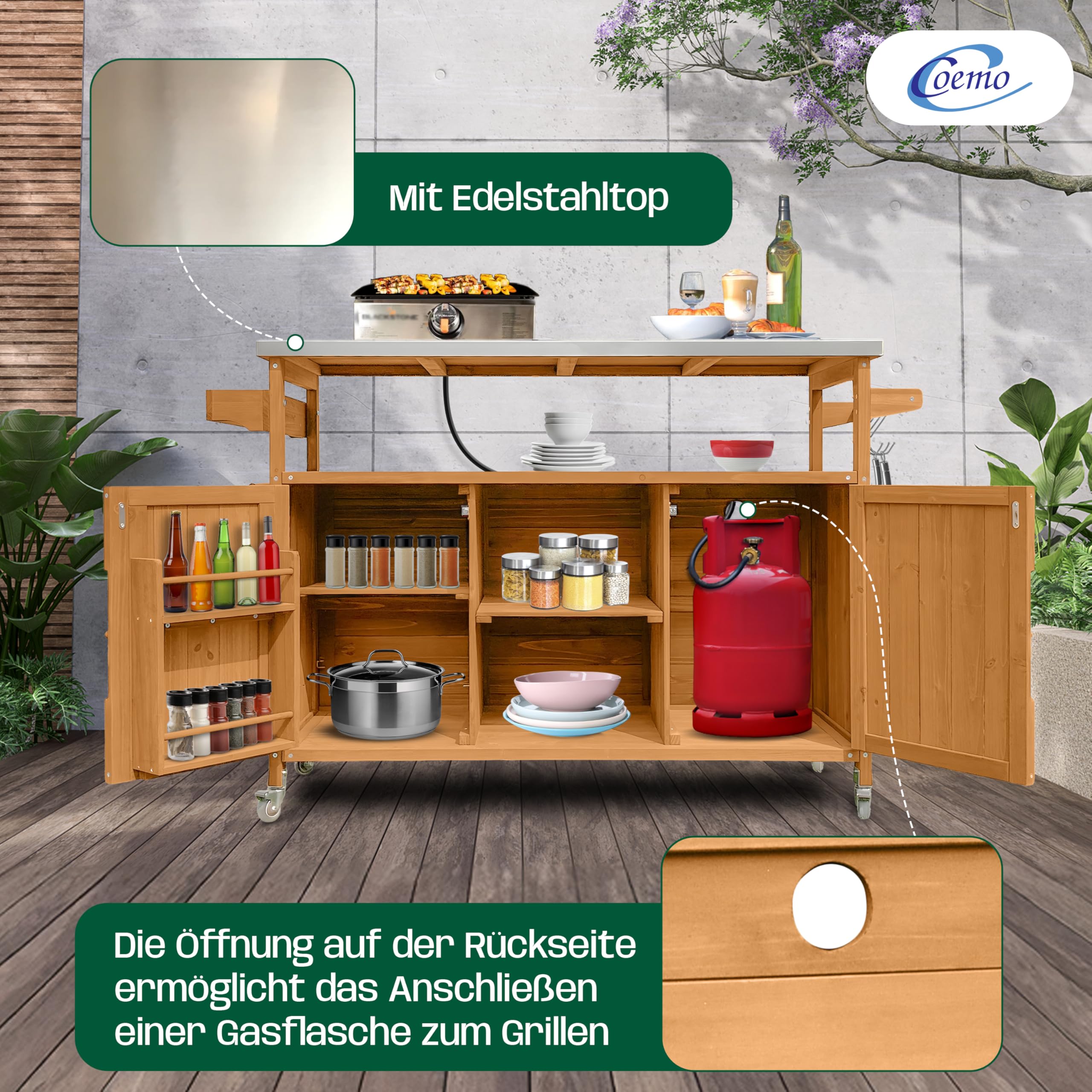 Coemo James - Carrito de cocina con ruedas (madera, tapa de acero inoxidable, isla de cocina con puertas, toallero, armario de cocina, con ruedas, 138 x 47 x 92 cm)