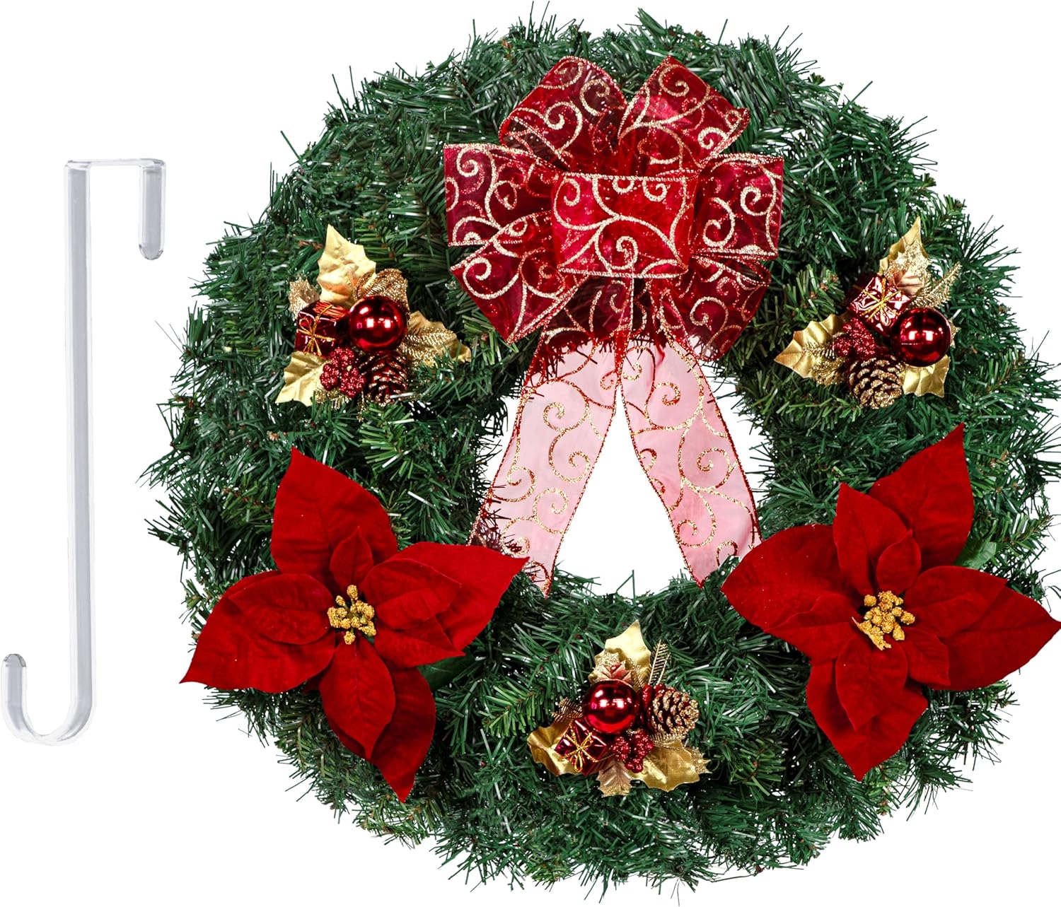 Sympathy Silks - Flowers for Cemeteries - Artificial Christmas Wreath - Blue Decorations with White Poinsettia and Silver Bow (1) Wreath (1) Easel