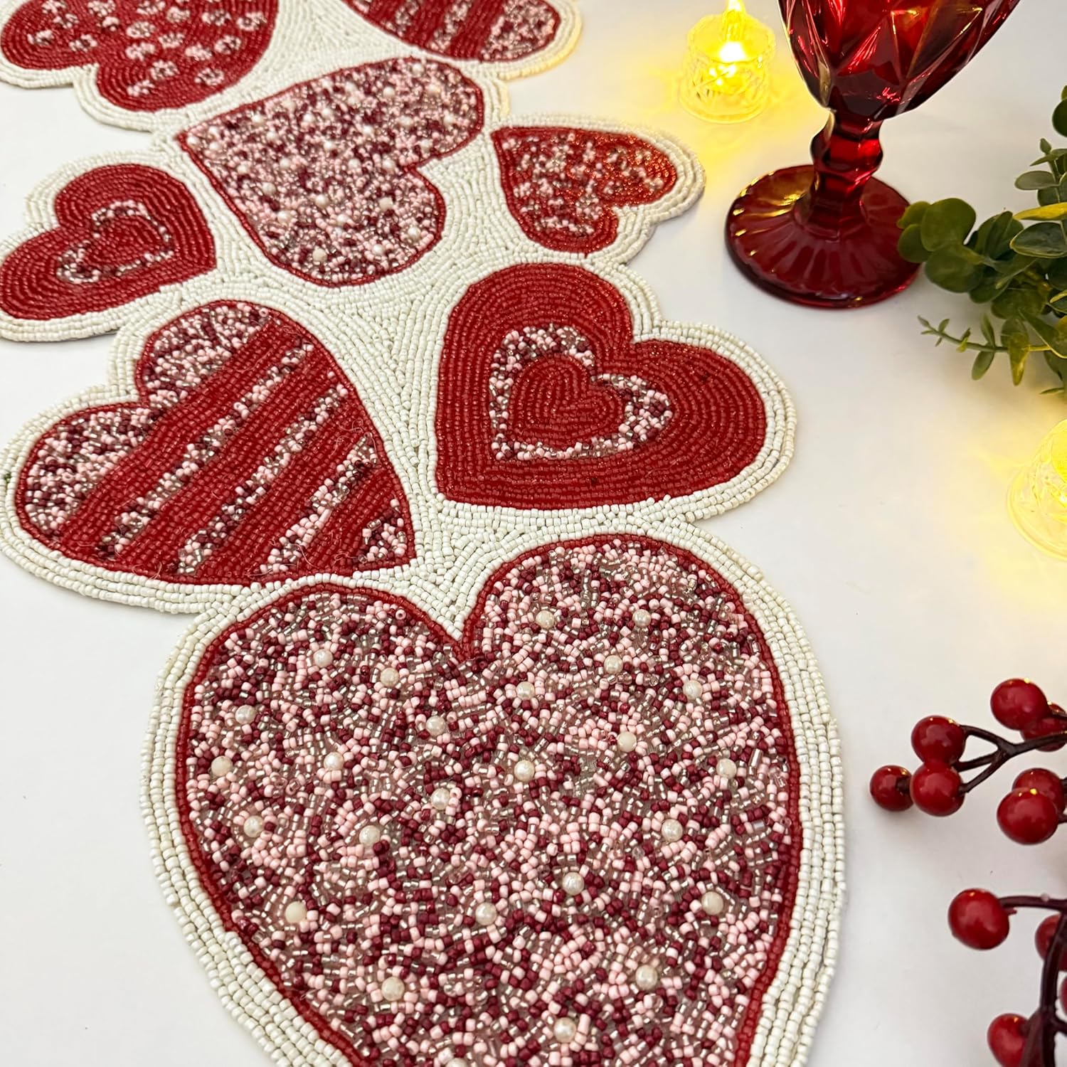 Enliven Handmade Valentine's Day Table Runner, Luxury Beaded Runner, Red and White Hearts, 13X36Inch