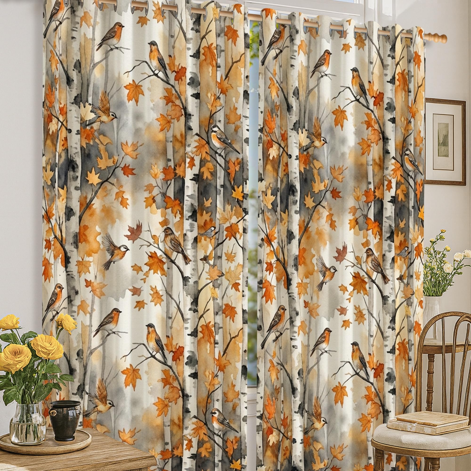 Rideaux occultants isolants thermiques 132x160 rideau orange oiseau feuille salon cuisine
