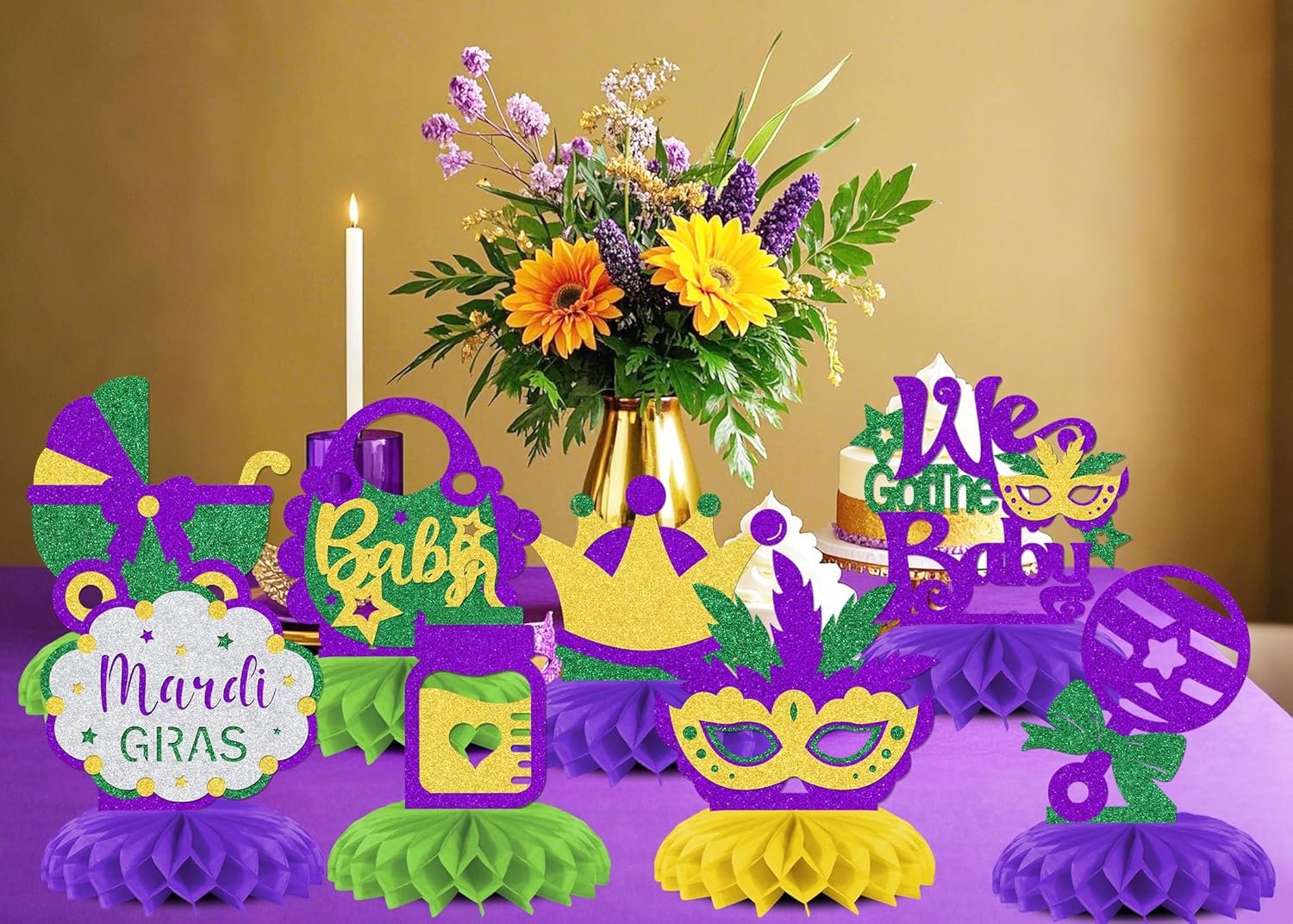 8PCS We Got the Baby Honeycomb Centerpieces Happy Mardi Gras Themed Baby Shower Decorations Supplies