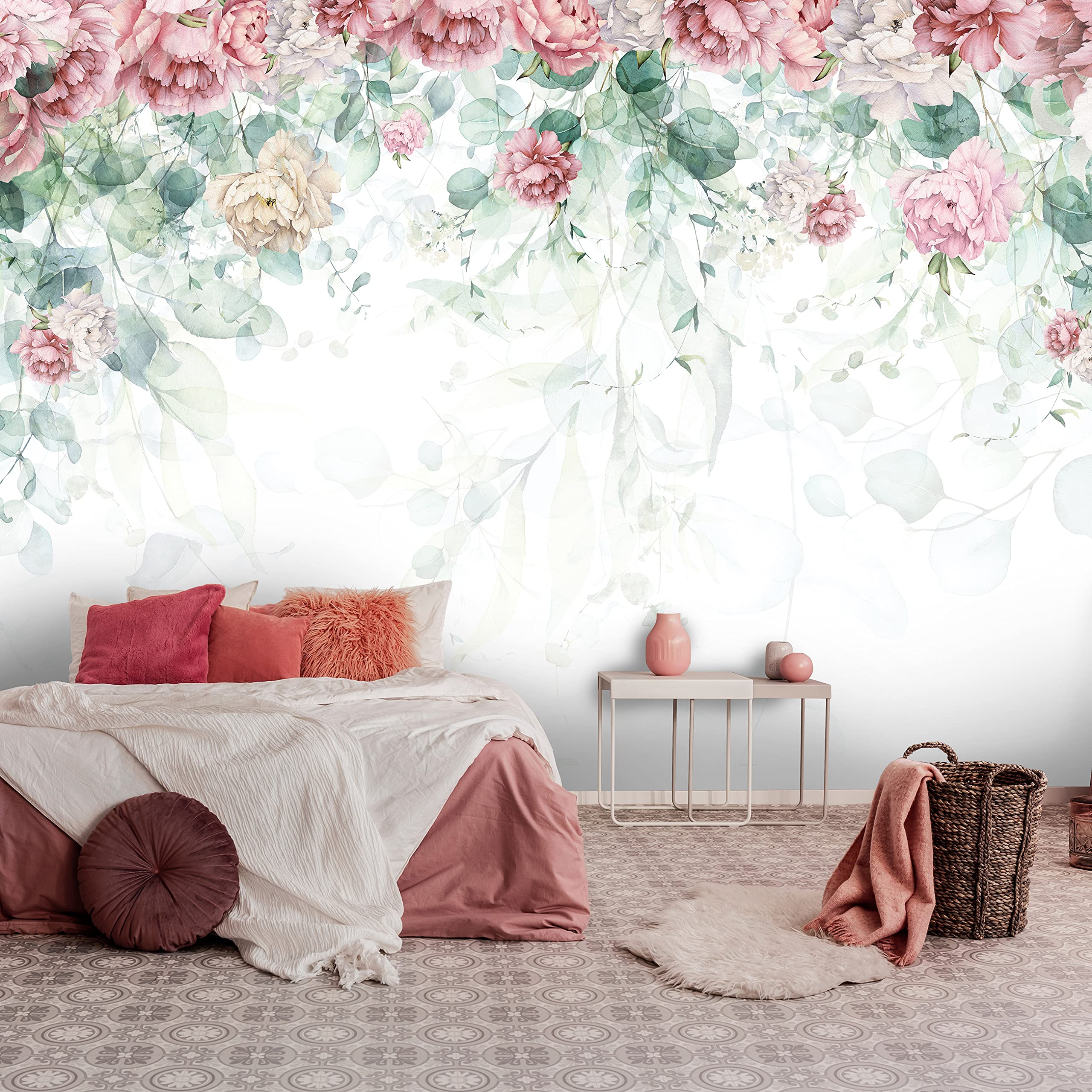 WallArena Carta Da Parati Fotografica Fiori Foglie Verde Rosa - Include Colla - Moderna Design Carta per Pareti Soggiorno Camera Da Letto Sala Fotomurali In Tessuto Non Tessuto TNT (368x254 cm)