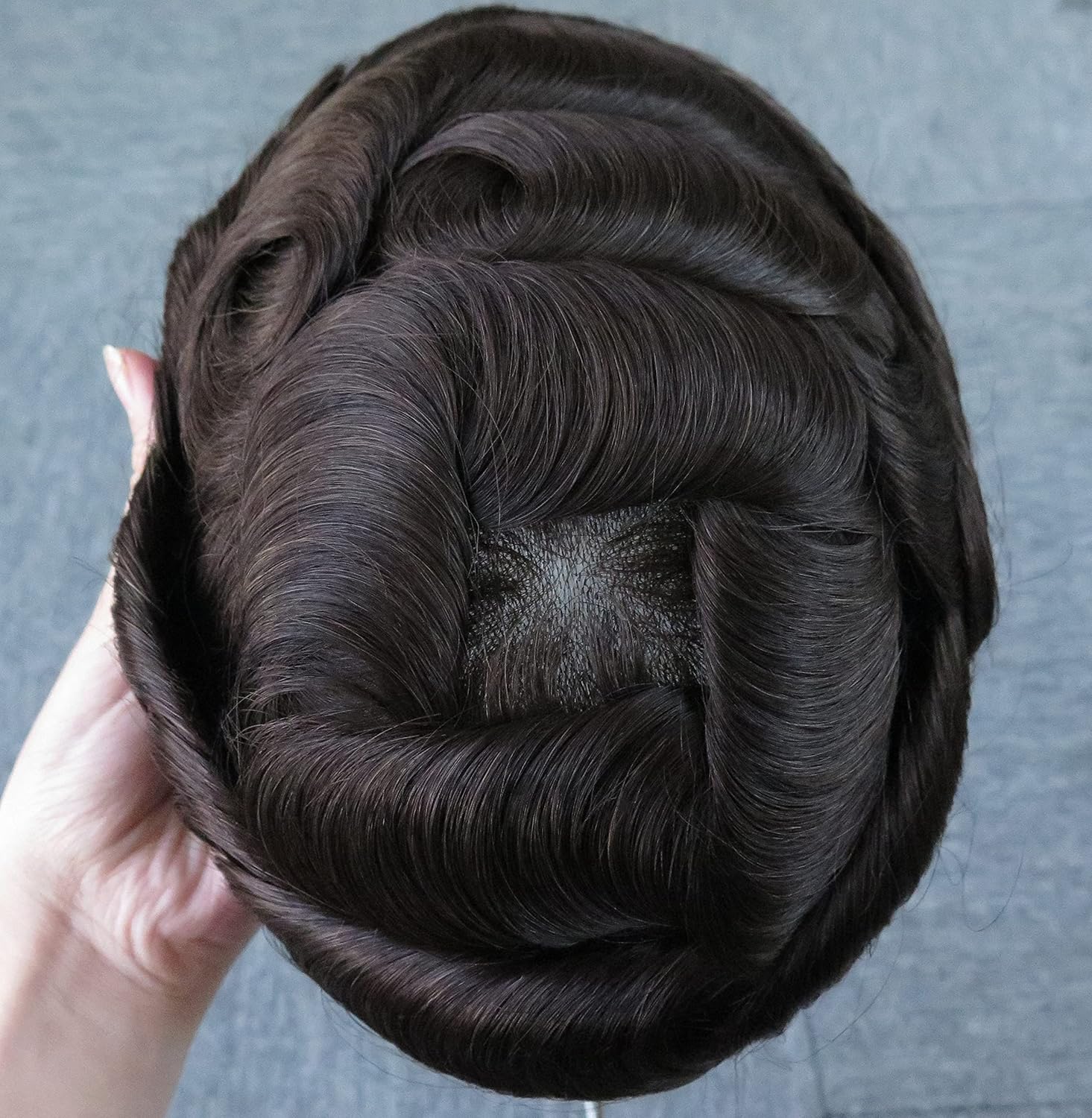 Mens Toupee Human Hair Replacement System, Hairpieces for Men Wigs, Thin Skin Dark Brown Hair BIO #2