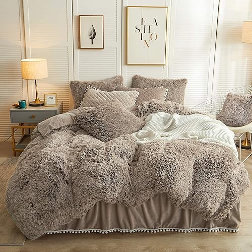 LIFEREVO - Juego de funda de duvet lujosa de felpa (1 funda de duvet de piel sintética + 2 fundas de almohada decorativa con borde de pompones),