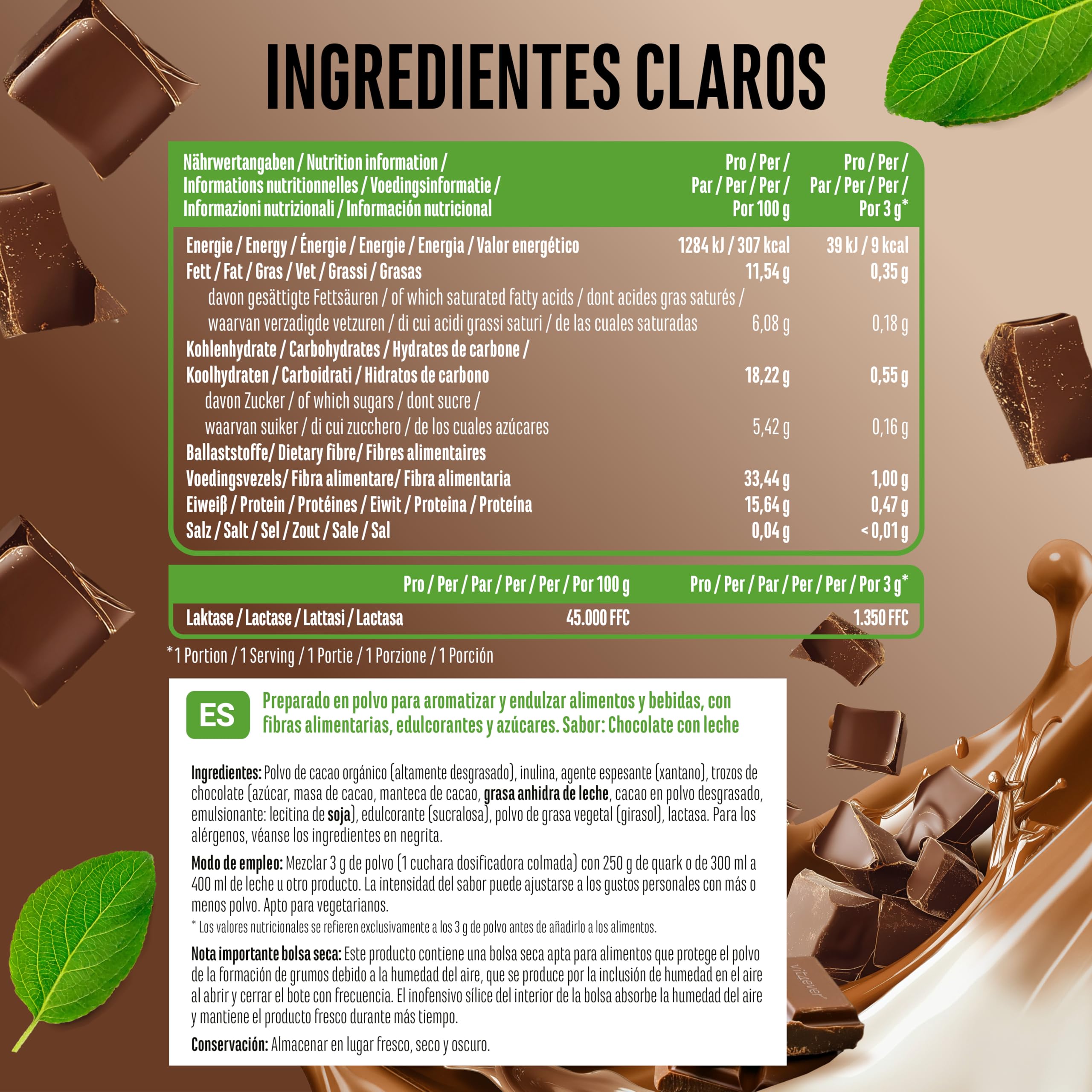 Polvo aromatizante Chocolate con leche - 250 g - Sabor y dulzor deliciosos - Uso versátil para alimentos y bebidas - Polvo aromatizante - FLAVOR CRAFT