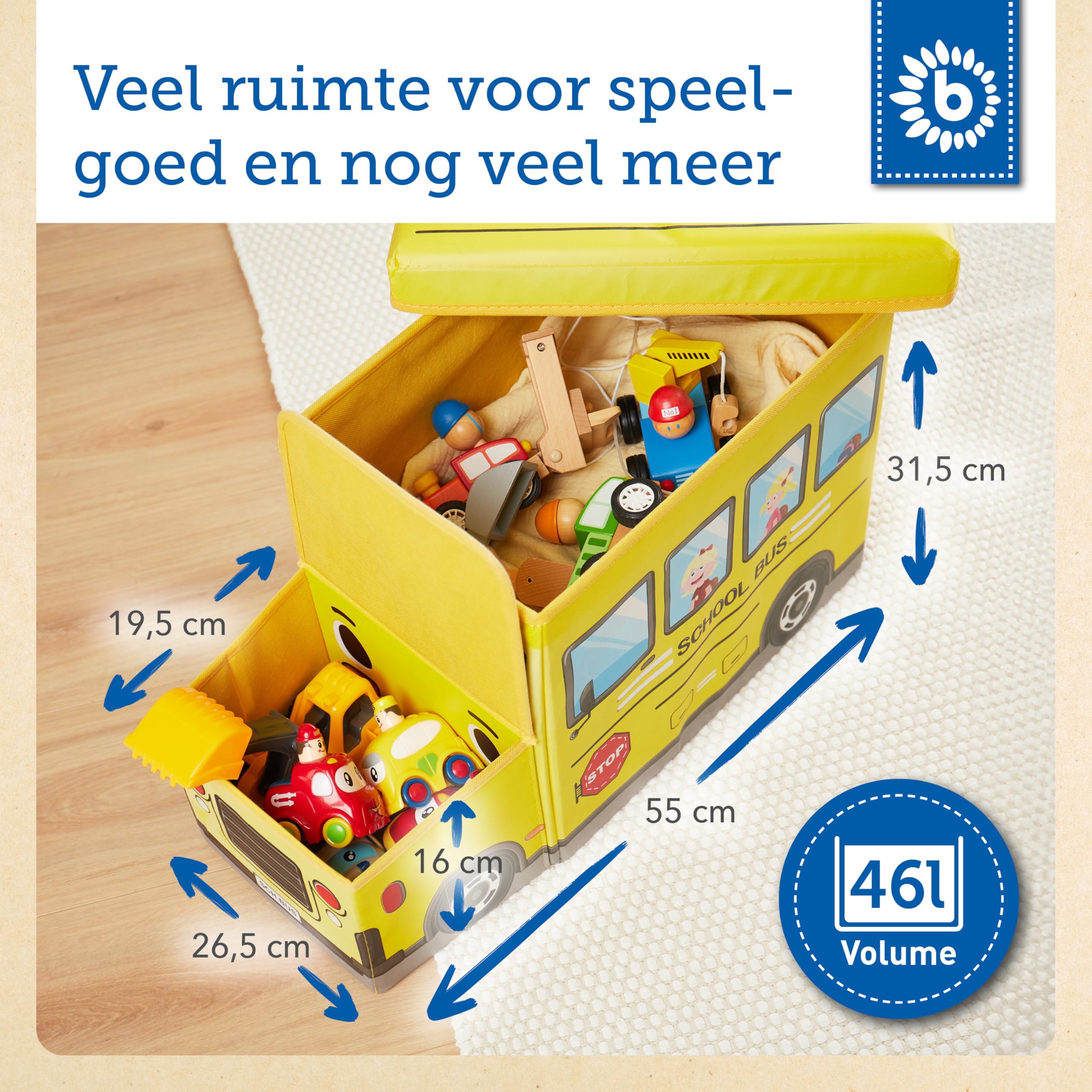 Bieco Aufbewahrungsbox mit Deckel Kinder Schulbus, faltbar, Sitzhocker mit Sitzgelegenheit, und Polsterung, Spielzeugkiste mit Stauraum, Sitztruhe, Jungen & Mädchen, 46 L, Belastbar bis 80 Kg, gelb