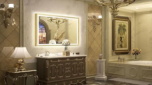 Miniatura 2 de TETOTE Espejo de baño LED de 48 x 30 pulgadas con luces con marco de metal dorado, luz delantera y trasera, espejo de tocador barroco, antivaho sin