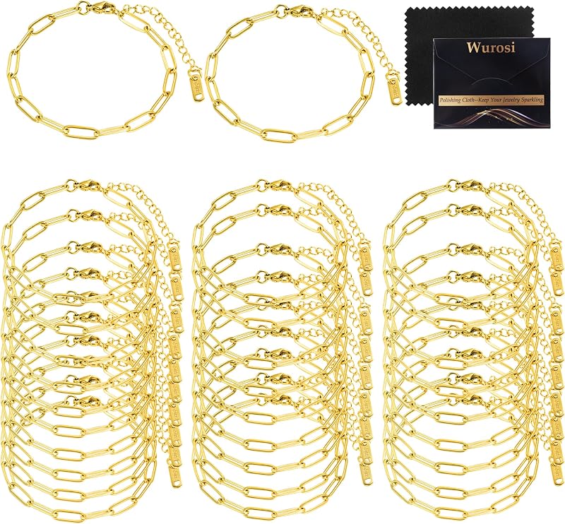 Wurosi 18K Gold Plated 30PCS 6.3 Inch Paperclip Charm Bracelets Chain | Charm Bracelet Kit with Lobster Clasps Extender Chain, Charm Bracelet Chain for Women Jewelry Making