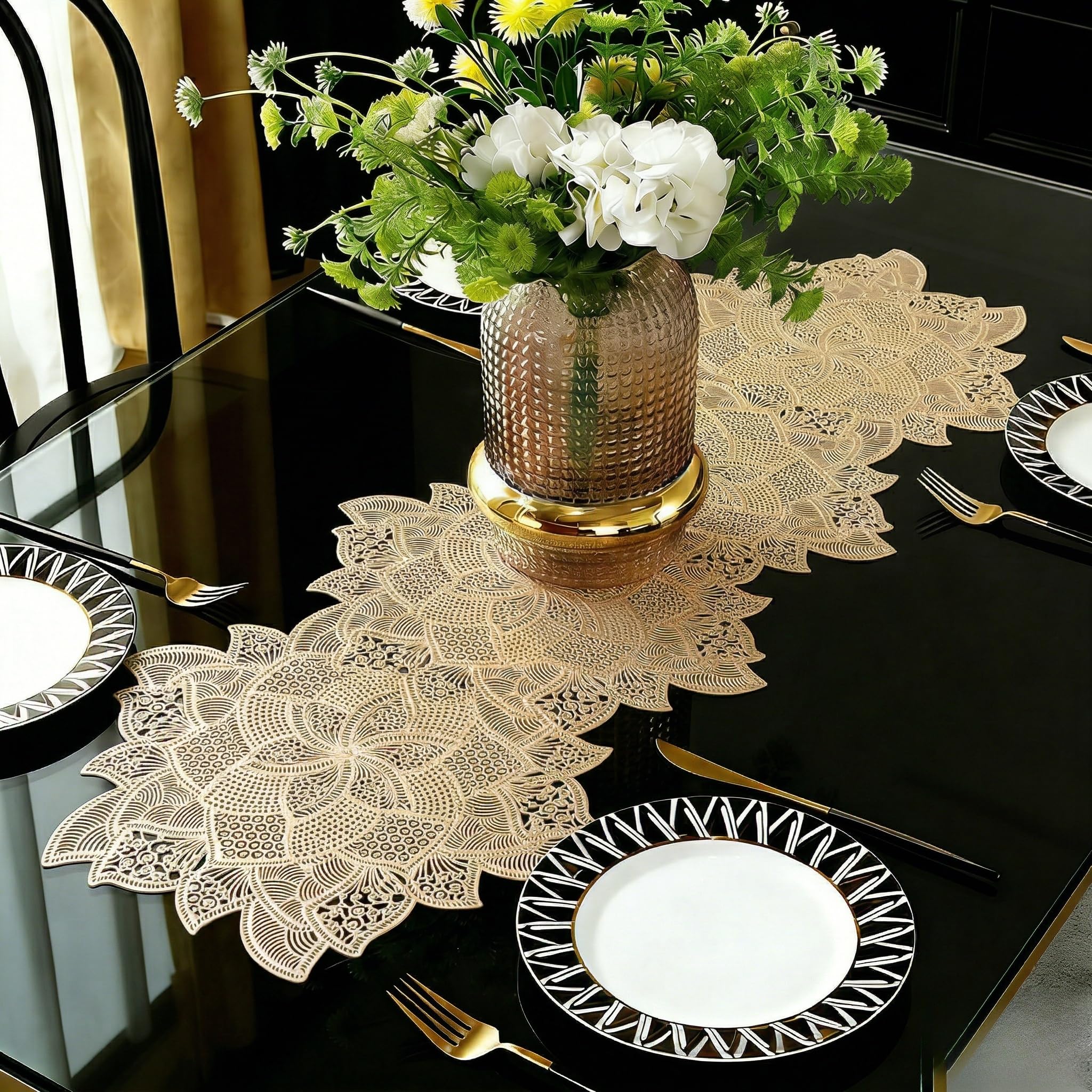 FAVE Gold Table Runners 36 Inches Flower Shaped Short Table Runner Washable Table Mats Fall Table Runner for Wedding, Banquet, Birthday, Party, Restaurant (Gold Flower) โ image 1
