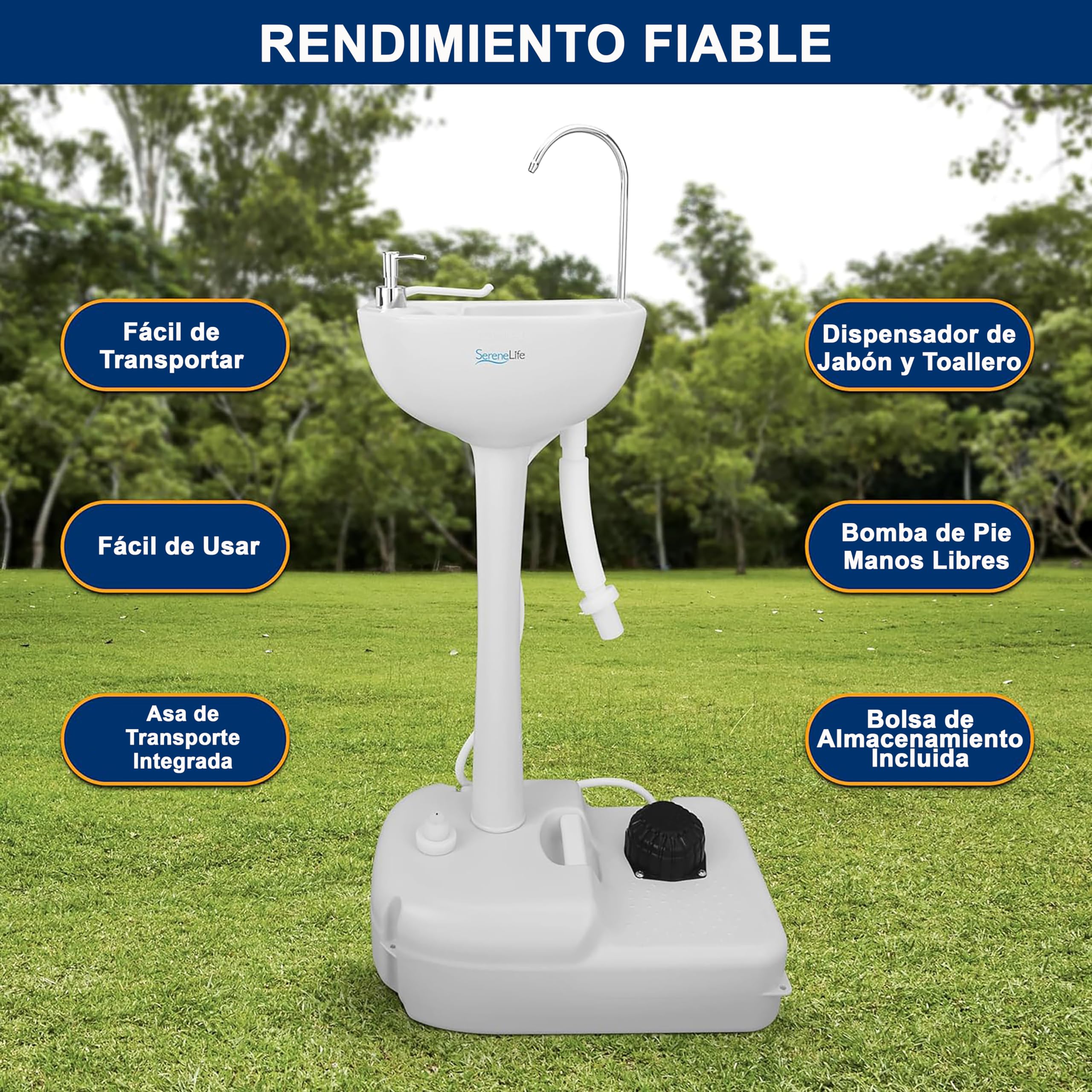SereneLife lavamanos portatil, Lavabo, Camping, Fregadero, Dispensador de jabon, Porta toallas, Exteriores, Actividades al aire libre, Tanque de agua, Ruedas