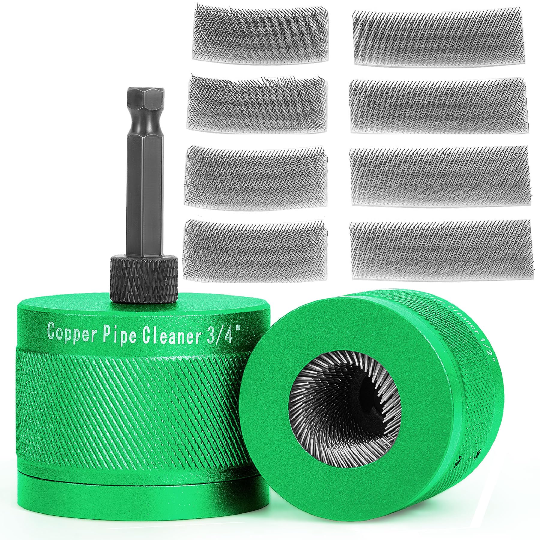 1/2" & 3/4" Metal Copper Pipe Cleaner Set with 1/4 Hex Shank,Each Set Additional 3Pcs Replaceable Blades for Cleaning Rust,Stains and Paint from