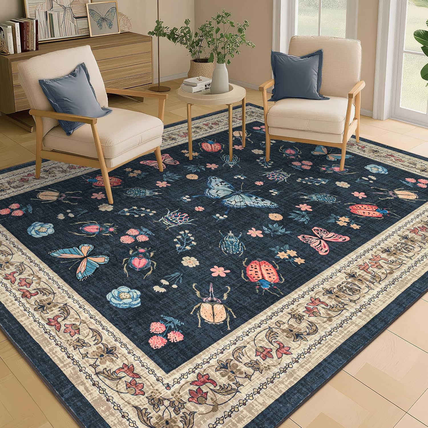Navy Blue Area Rug for Bedroom Dorm Beetle Butterfly Floral Pattern Rugs 5x7 Vintage Natural Cottagecore Soft Low Pile Carpet with Non Slip Washable Navy Rug for Living Room Dining Room 5 x 7