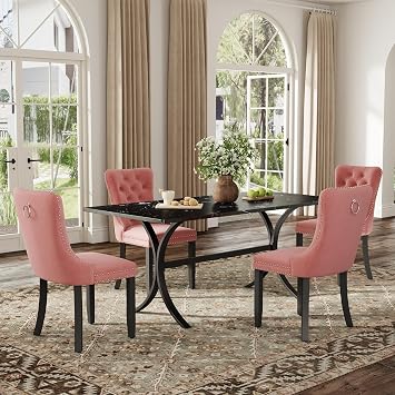 5-Piece Modern Dining Table Set, 63" Rectangular Black Faux Marble Dining Table with Curved Metal Legs and 4 Pink Velvet Upholstered Dining Chairs with Solid Wood Legs, Kitchen Furniture Set