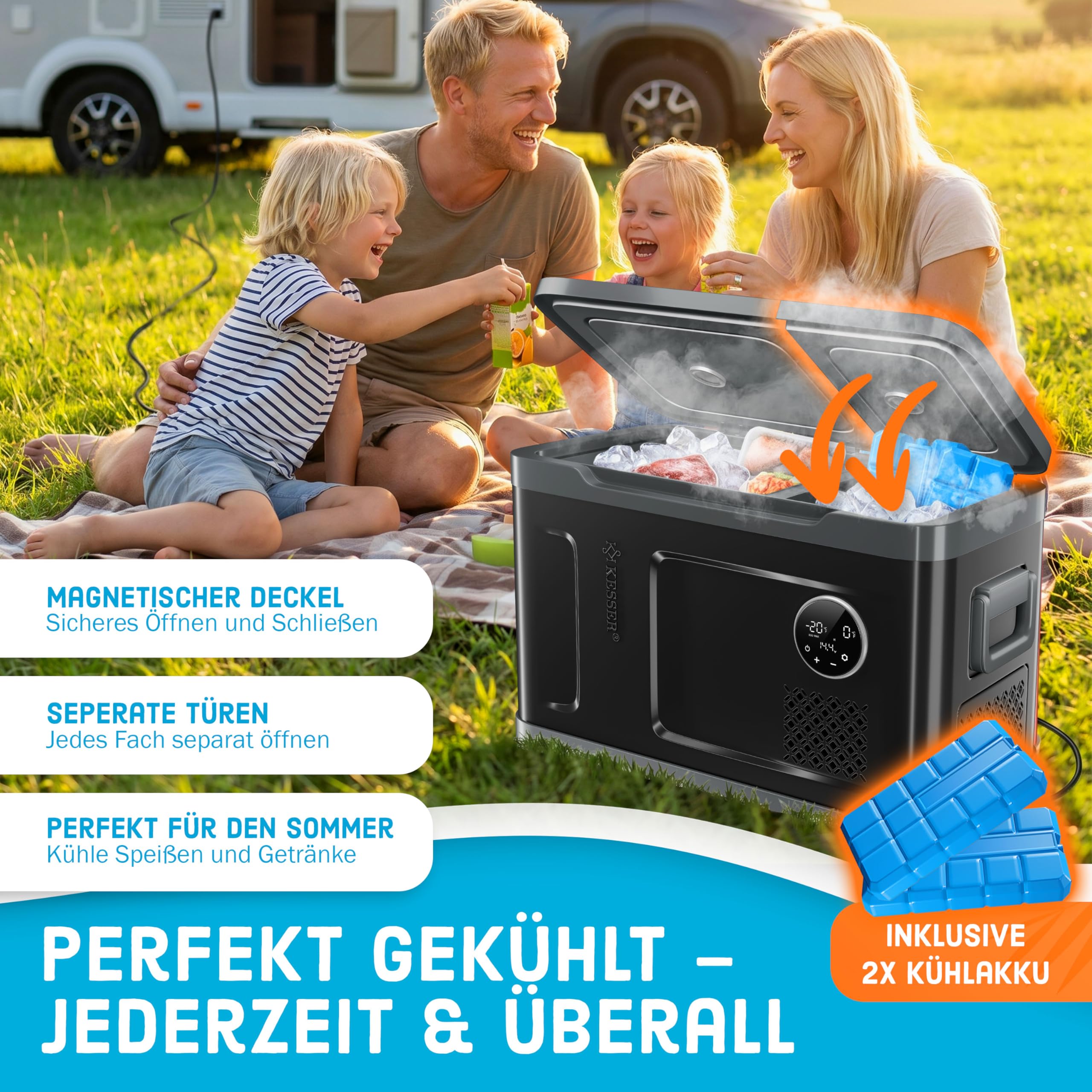 KESSER® Glacière à compresseur 2en1 double zone de réfrigération & de congélation, électrique Glacière de congélation Commande tactile LED 12/24 V 230V, Réfrigération jusqu'à -20 °C 49 Litres