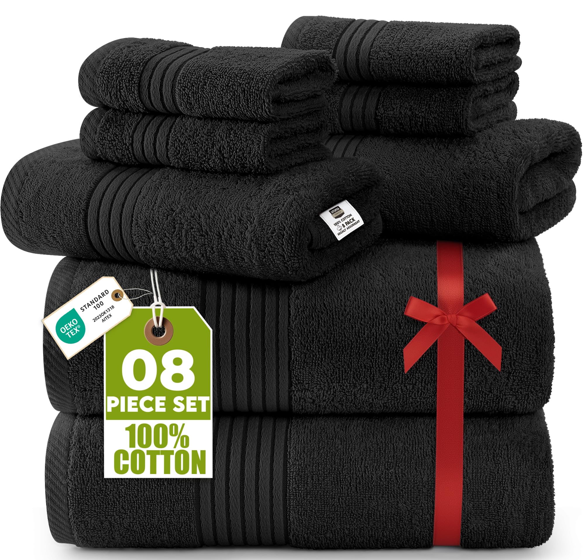 Utopia Towels 8-Piece Premium Towel Set, 2 Bath Towels, 2 Hand Towels, and 4 Wash Cloths, 100% Ring Spun Cotton Highly Absorbent Towels for Bathroom, Sports, and Hotel (Black)