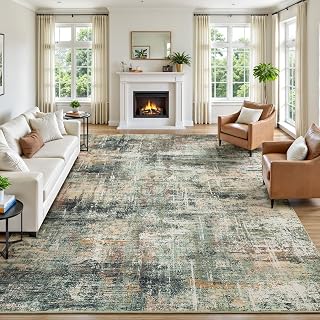 8x10 Area Rug for Living Room, Abstract Washable Large Rugs,Coffee/Green