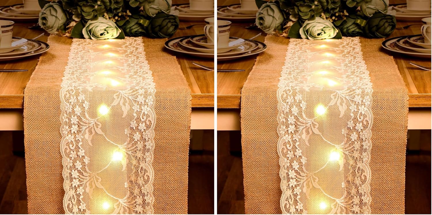 Burlap Table Runner with LED String Lights Rustic 12" x 108" Christmas Tablecloth Lighted Table Runner Farmhouse Decor for Wedding Bridal Shower Xmas Holiday (Pack of 2)