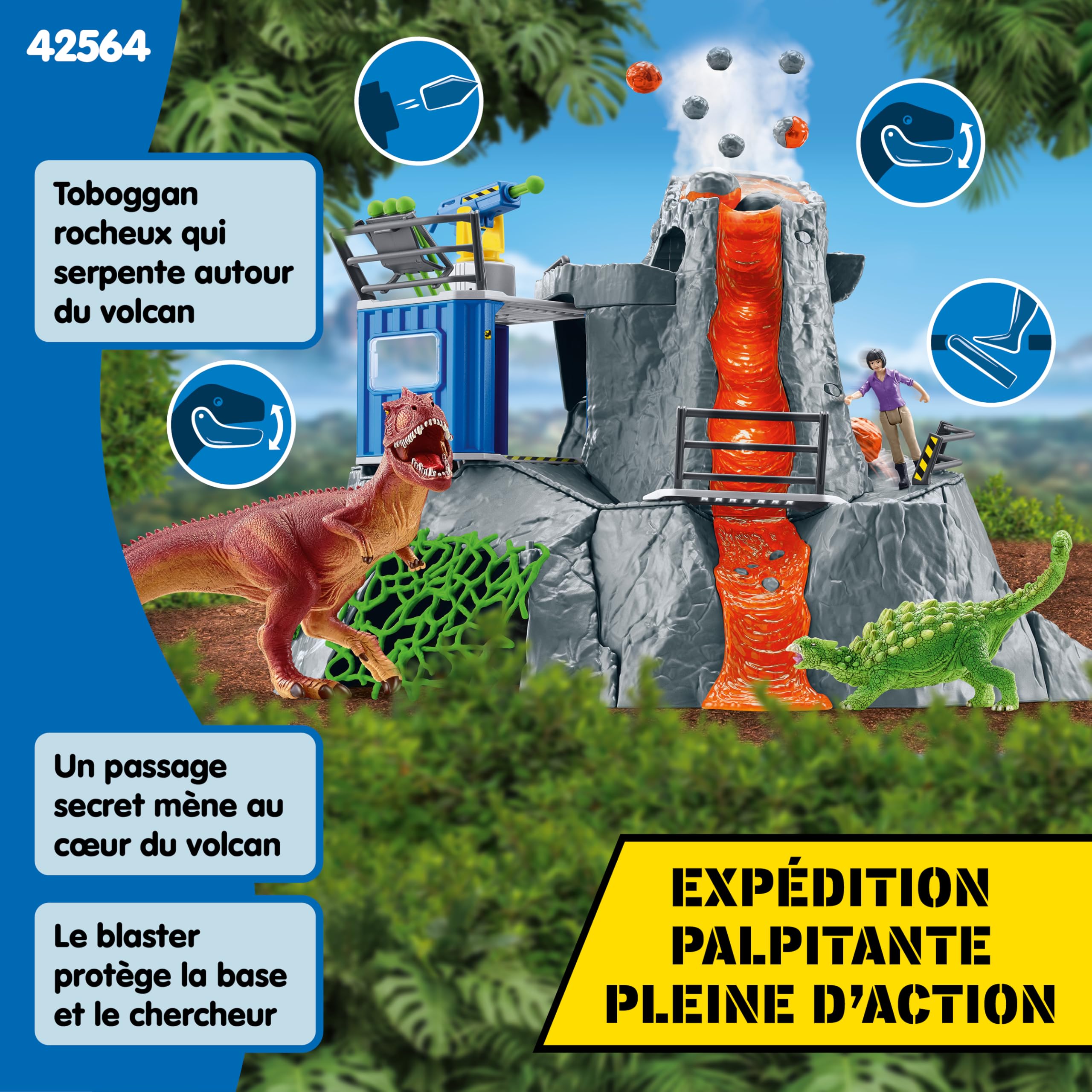 Schleich Dinosaurs - 42564 Expédition au Grand Volcan, Set de Figurines Dinosaures avec Un Volcan en éruption LED, Une Figurine de chercheuse et 2 Jouets Dinosaures pour Enfants âgés de 5 Ans et Plus