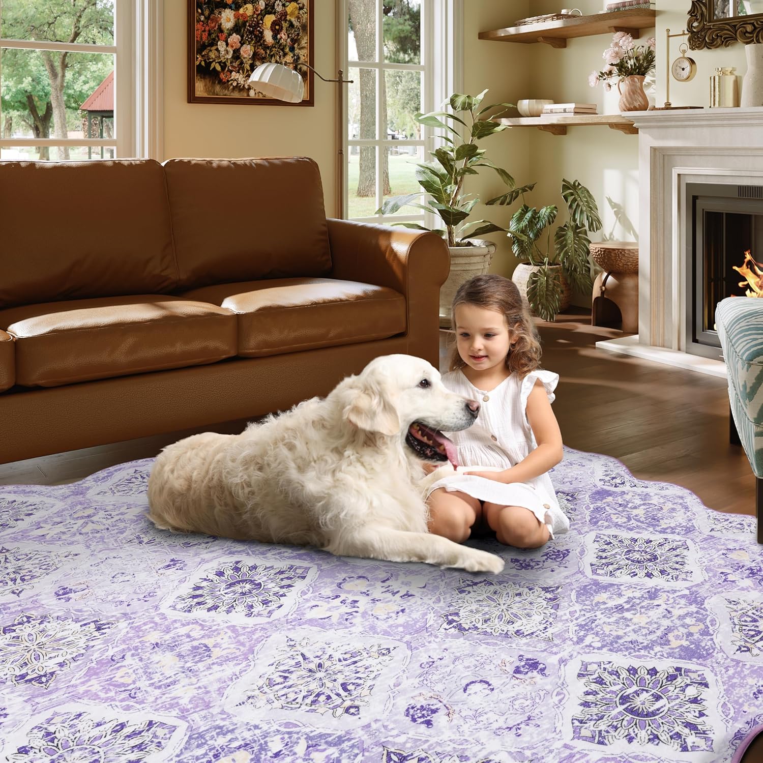 Moroccan 3x5 Area Rug, Unique Scalloped Ultra-Thin Soft Washable Rug, Non-Slip Stain Resistant Lightweight Low-Pile Carpet for Living Room Bedroom Dining Room Office (Purple)