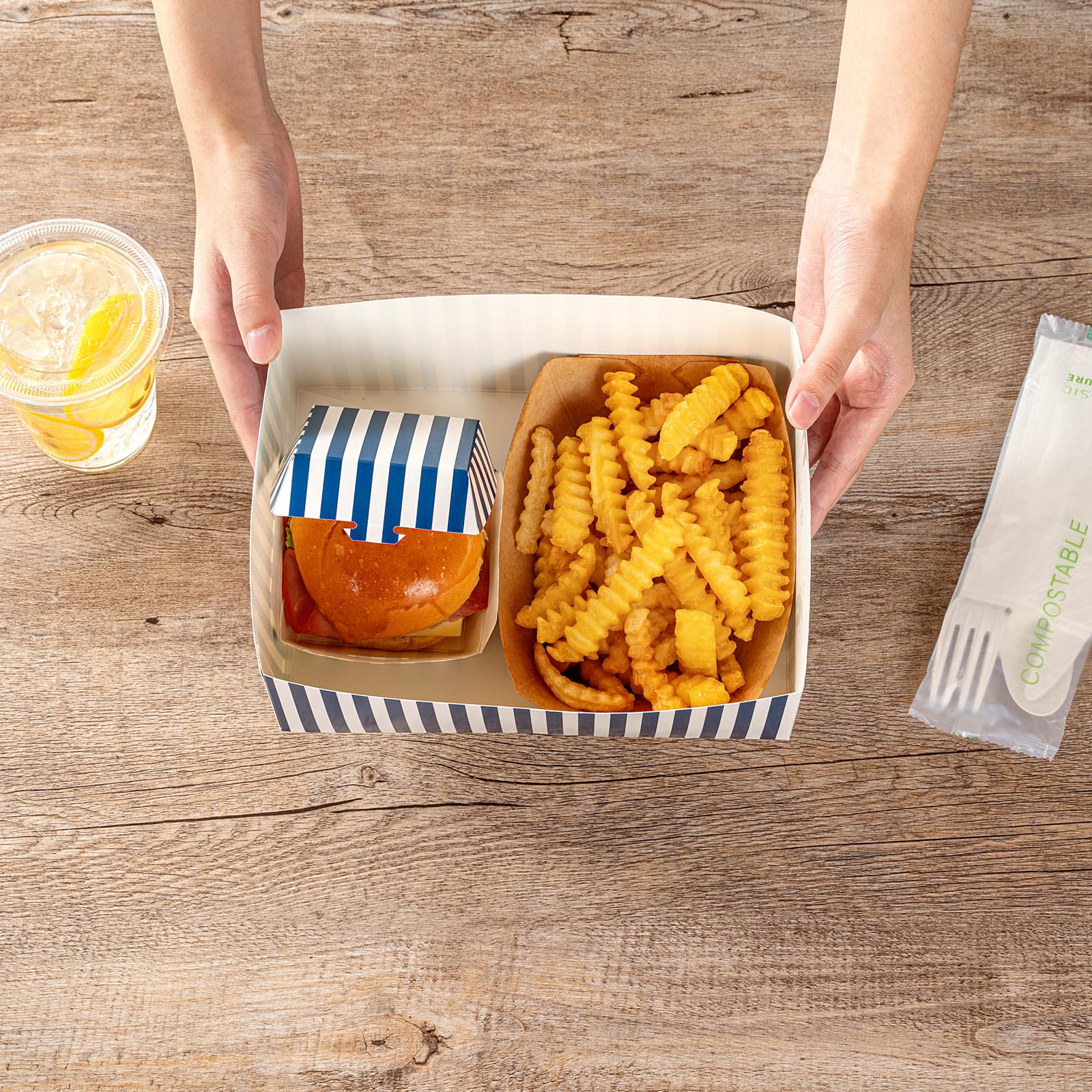 Bio tek Bandejas de Hamburguesas de 8.4 x 6.1 x 3.5 Pulgadas, 100 bandejas Desechables de Papel para Alimentos, sostenibles, Resistentes, bandejas de Aperitivos de película de Papel Azul y Blanco,
