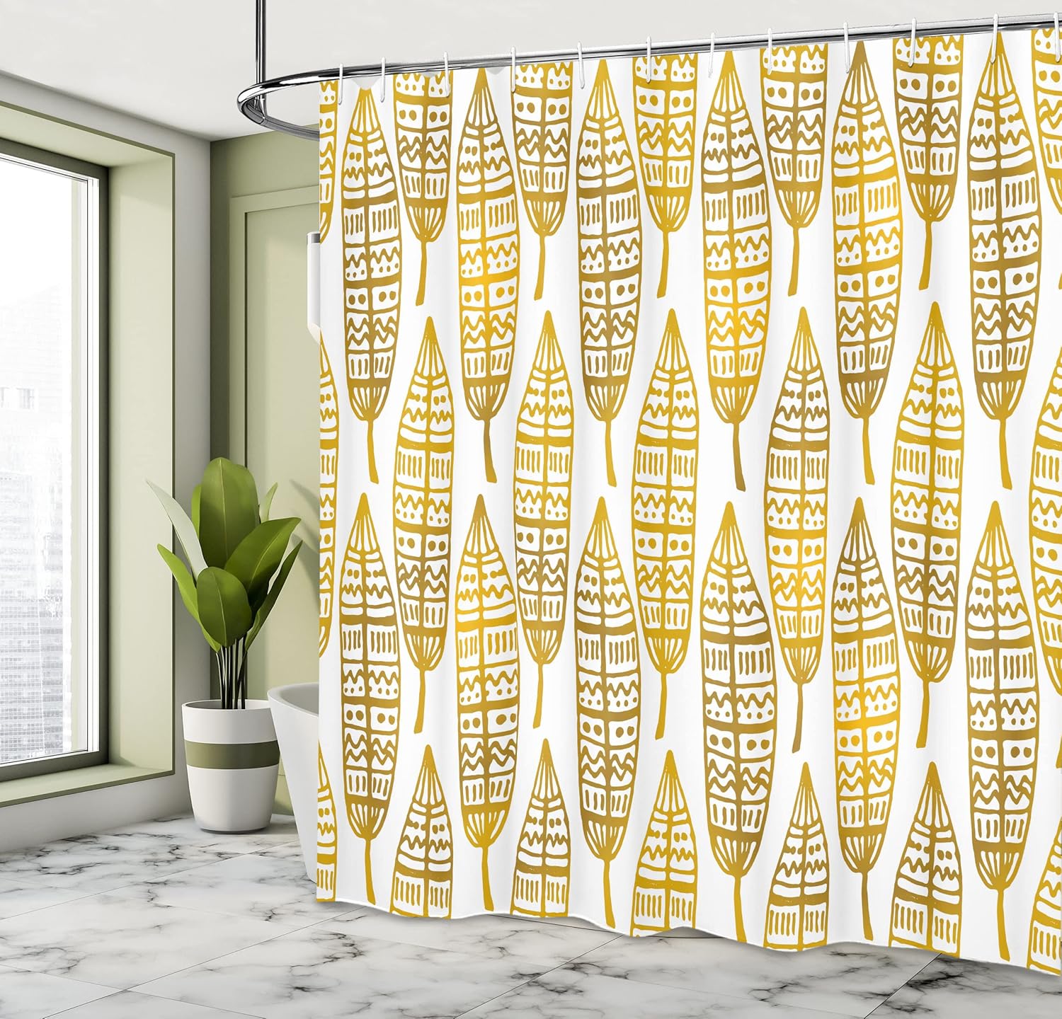 Ambesonne Feather Shower Curtain, Detailed Inspired Boho Art Print, Cloth Fabric Bathroom Decor Set with Hooks, 69" W x 75" L, Amber Marigold and White