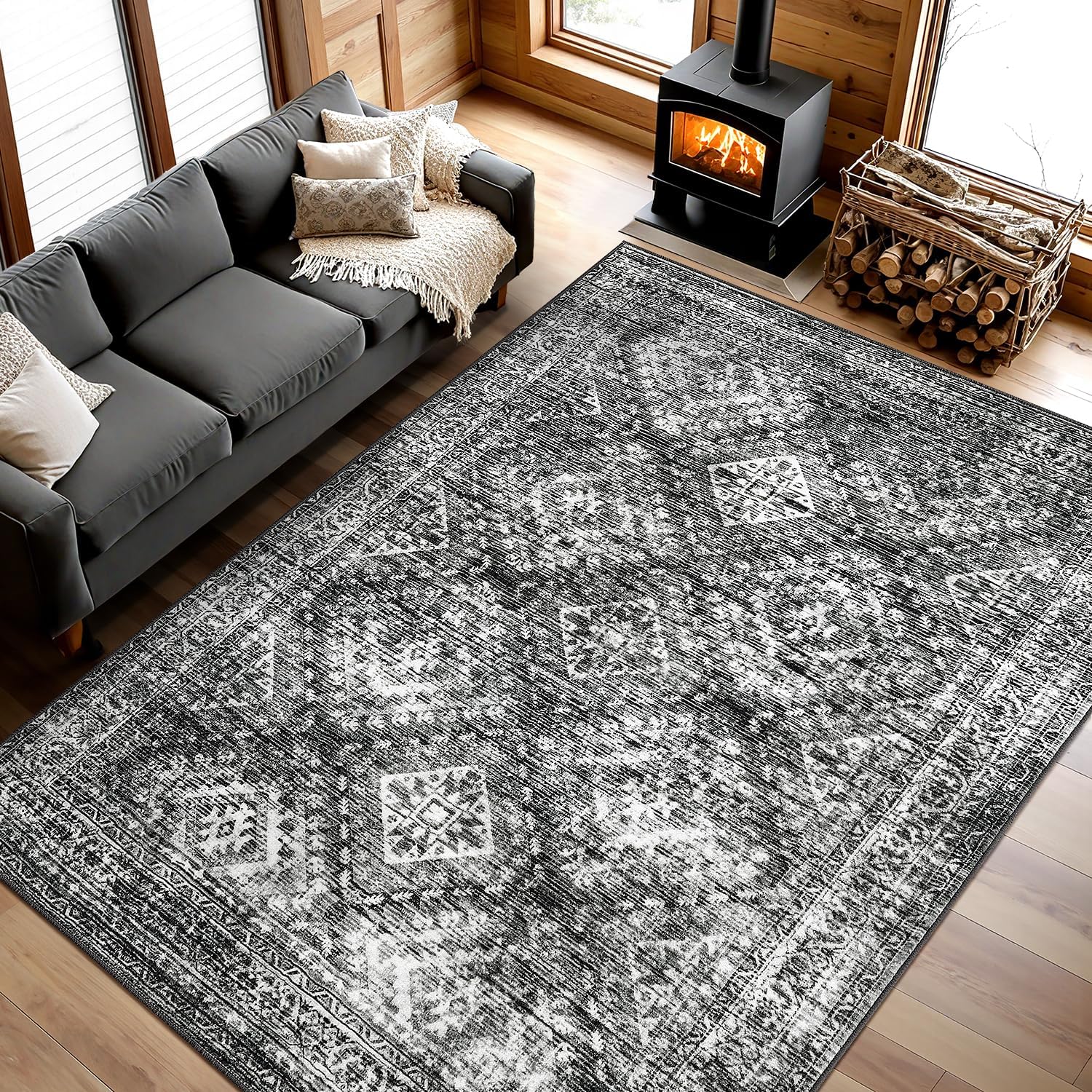 MIULEE 8x10 Vintage Washable Area Rugs Living Room Rug Low Pile Boho Farmhouse Floor Mat for Bedroom Dining Room Under Kitchen Table, Non-Slip Stain Resistant Soft Large Carpet for Home Decor, Black