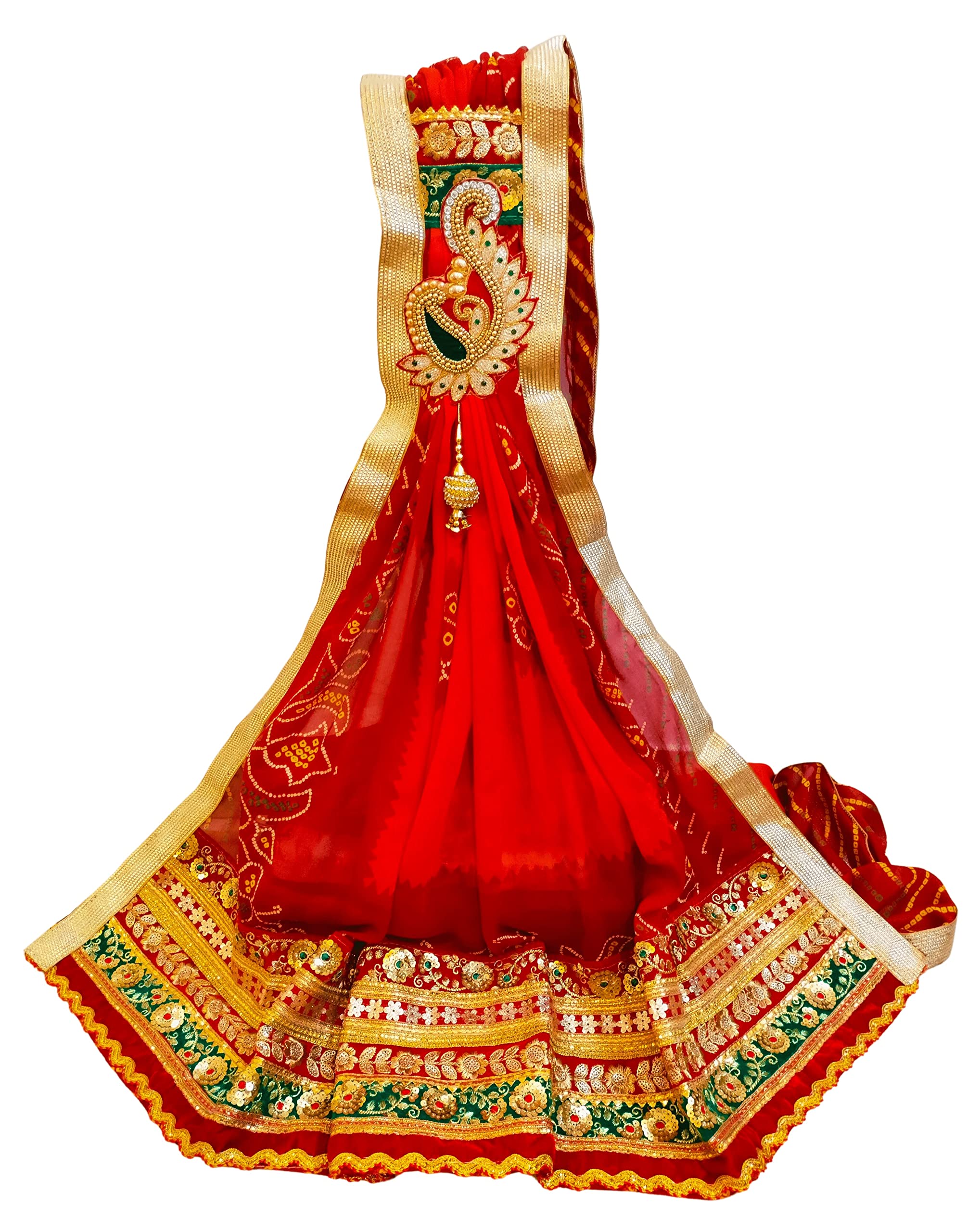 Rajasthani Marwadi Piliya Pomcha Churni Odhana in Bandhej Bandhani Print for Pooja, Festival and Religious Purposes - Semi Jorjet Fabric - Broach Stole style - 2 Metres length-image-44