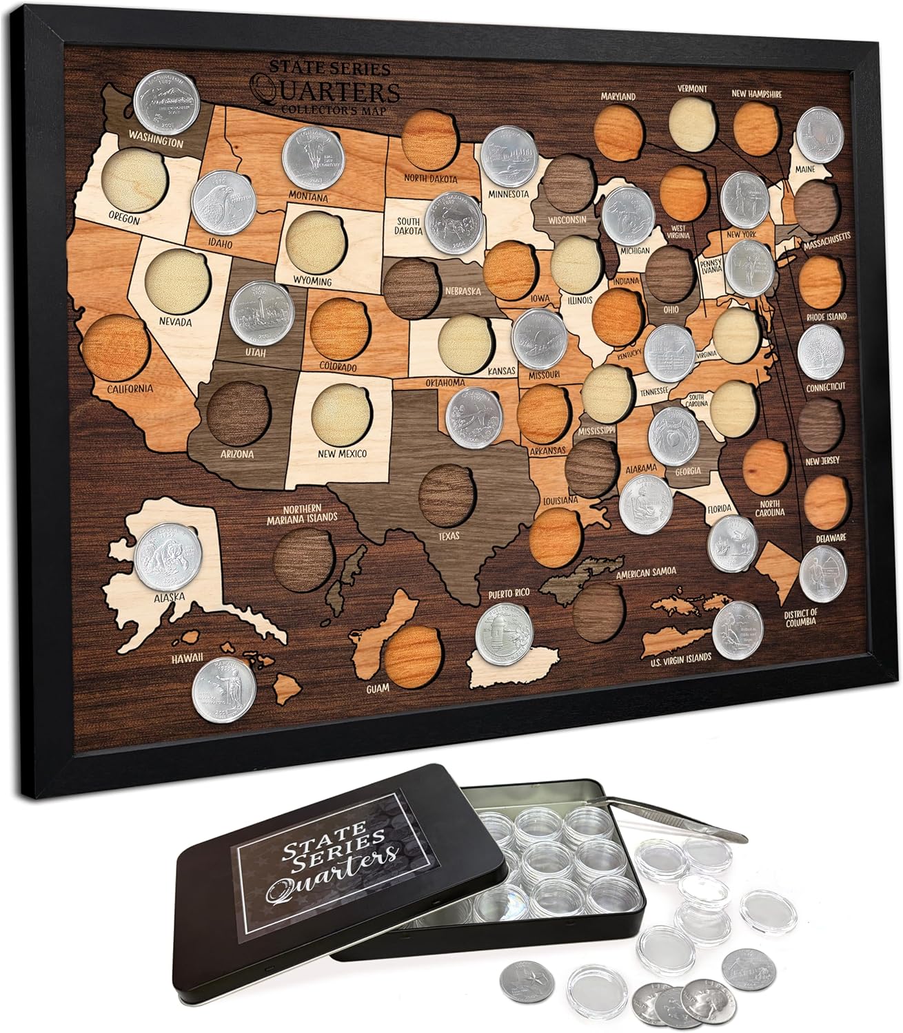 flinelife Wooden State Quarter Collection Map Display, 16x12, 50 States & 6 Territories, Comes With 60 Clear Plastic Coin Capsules for Storage, Perfect For State Quarter Lover and Families Gift