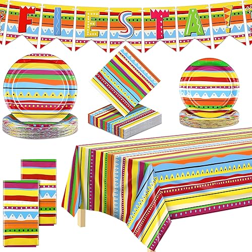ADXCO 75 piezas de suministros para fiestas temáticas mexicanas incluyen platos de papel, servilletas, mantel y pancarta para decoraciones de fiesta