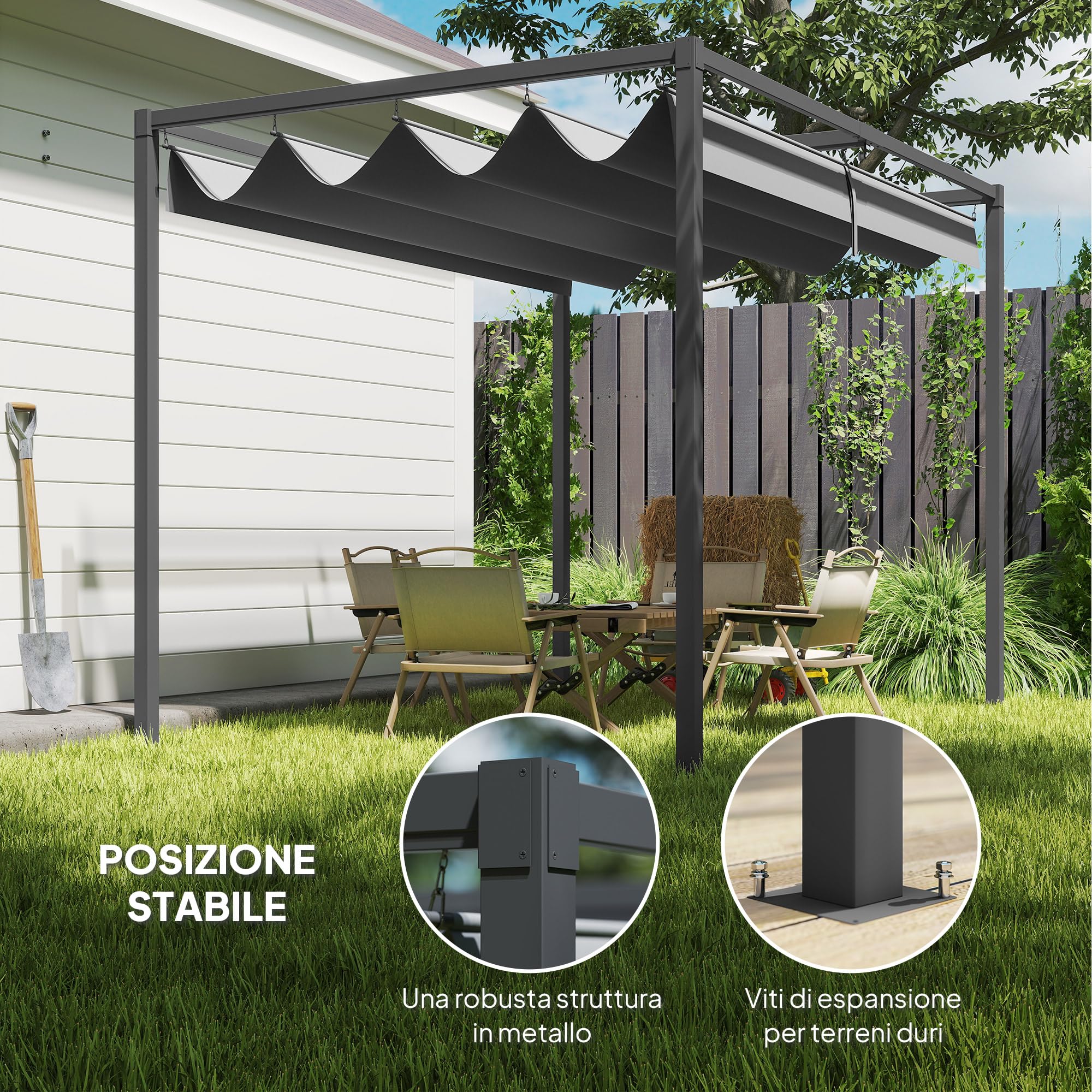Outsunny Gazebo Pergola 3x2 m con Tettuccio Retrattile, Drenaggio, Picchetti e Viti, Poliestere e Metallo, Grigio