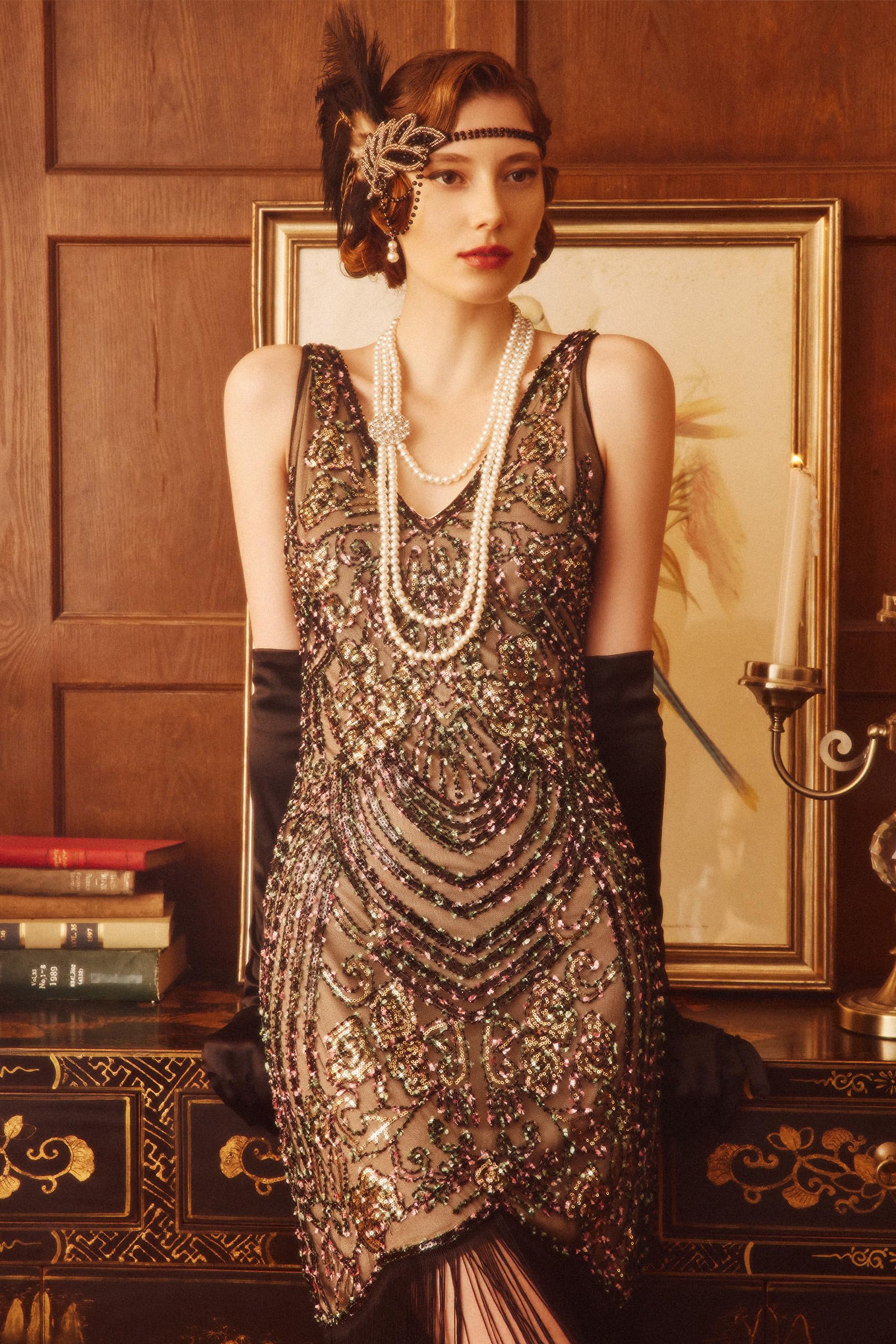 BABEYOND Flapper-Kleider im Stil der 1920er-Jahre, V-Ausschnitt, Perlen und Fransen, Great-Gatsby-Kleid