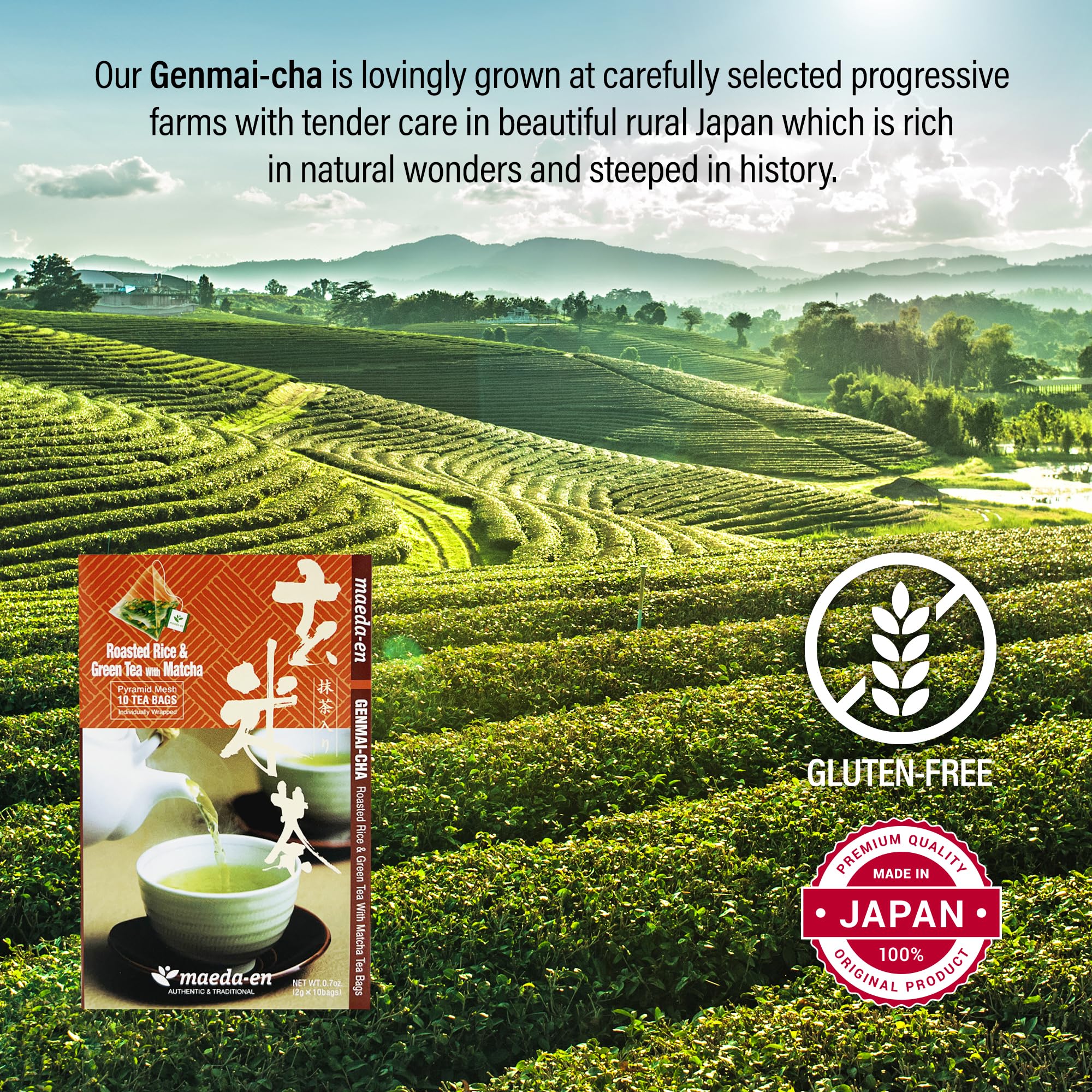 MAEDA-EN Premium Genmai-cha Roasted Rice Green Tea with Matcha 10 Tea Bags Japanese Origin Green Tea Leaves Individually — view 3