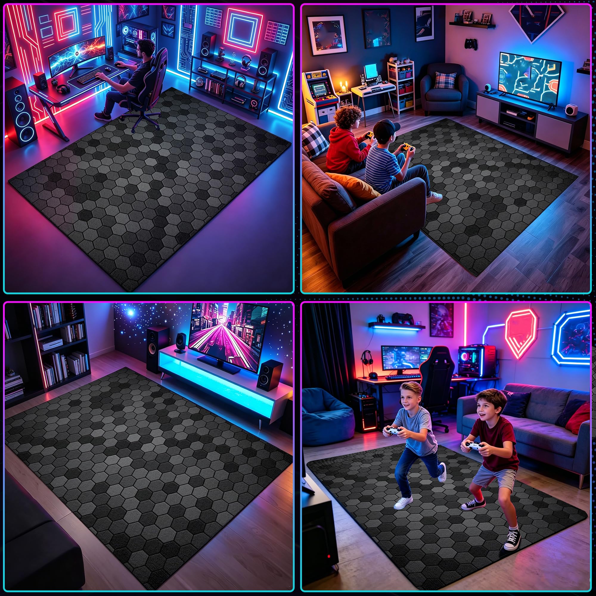 Tappeto Camera da Letto Ragazzo, Tappeto Gaming Pavimento, Stampa Geometrica Neon Gaming, Antiscivolo, Tappeto Zone Game 3D, Decorative Stanza Gaming 120 x 180 cm