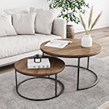 Stella Round Modern Nesting Coffee (Set of 2), Stacking Living Room Accent Tables with Tabletops and Matte Metal Frame, Reclaimed Oak/Gunmetal