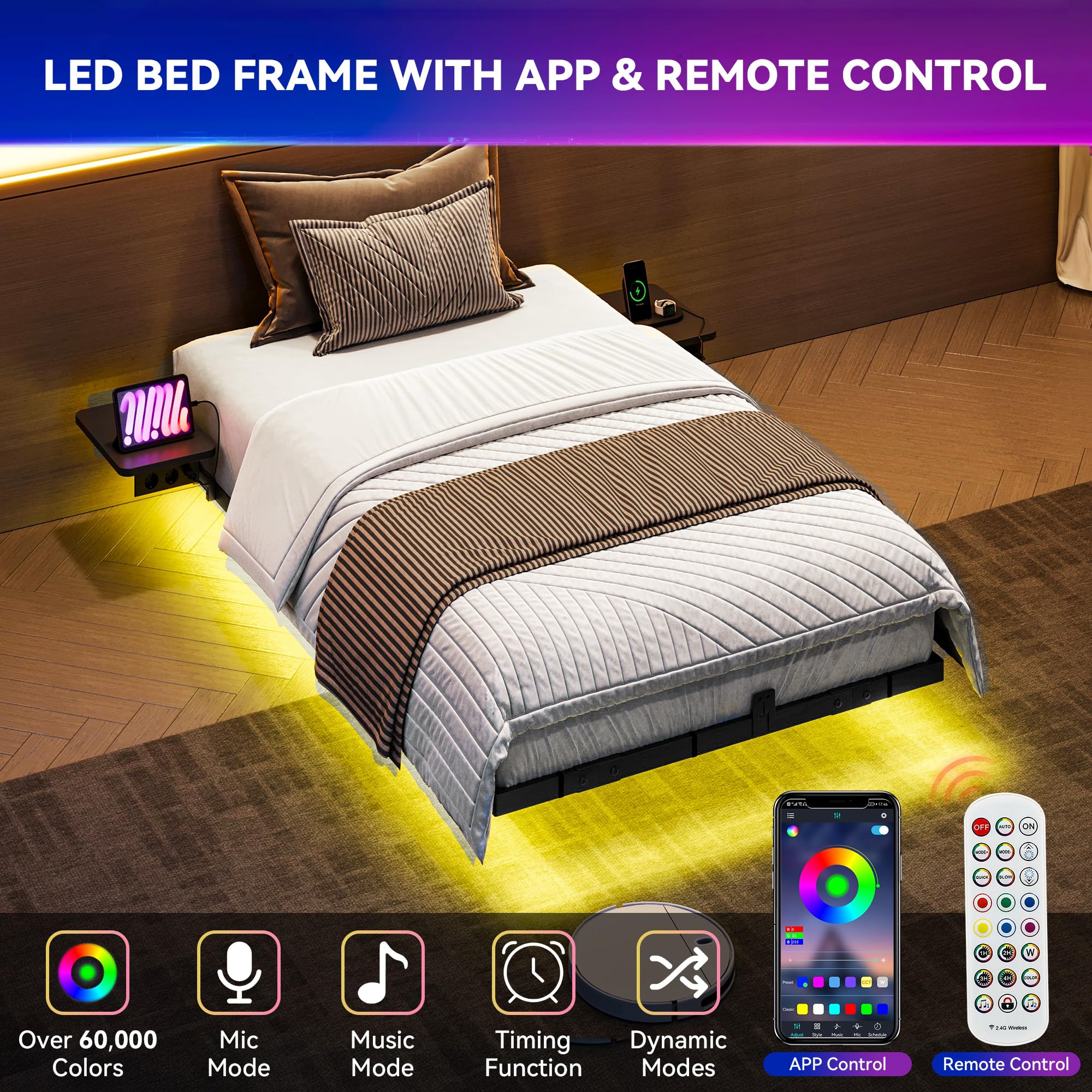 YITAHOME Lit LED avec Station de Charge USB-C - Tête de lit sans Matelas - 120 x 200 cm