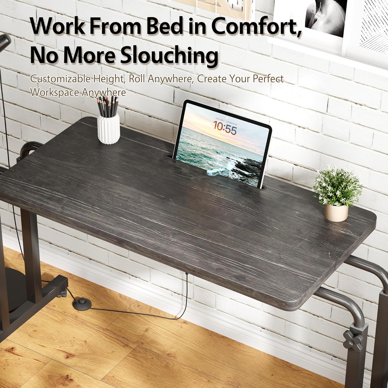 Overbed Table with Wheels, Bed Desk with Height and Length Adjustment, Over the Recliner Table, Home Office Table for Study, Bedroom, Living Room, Black