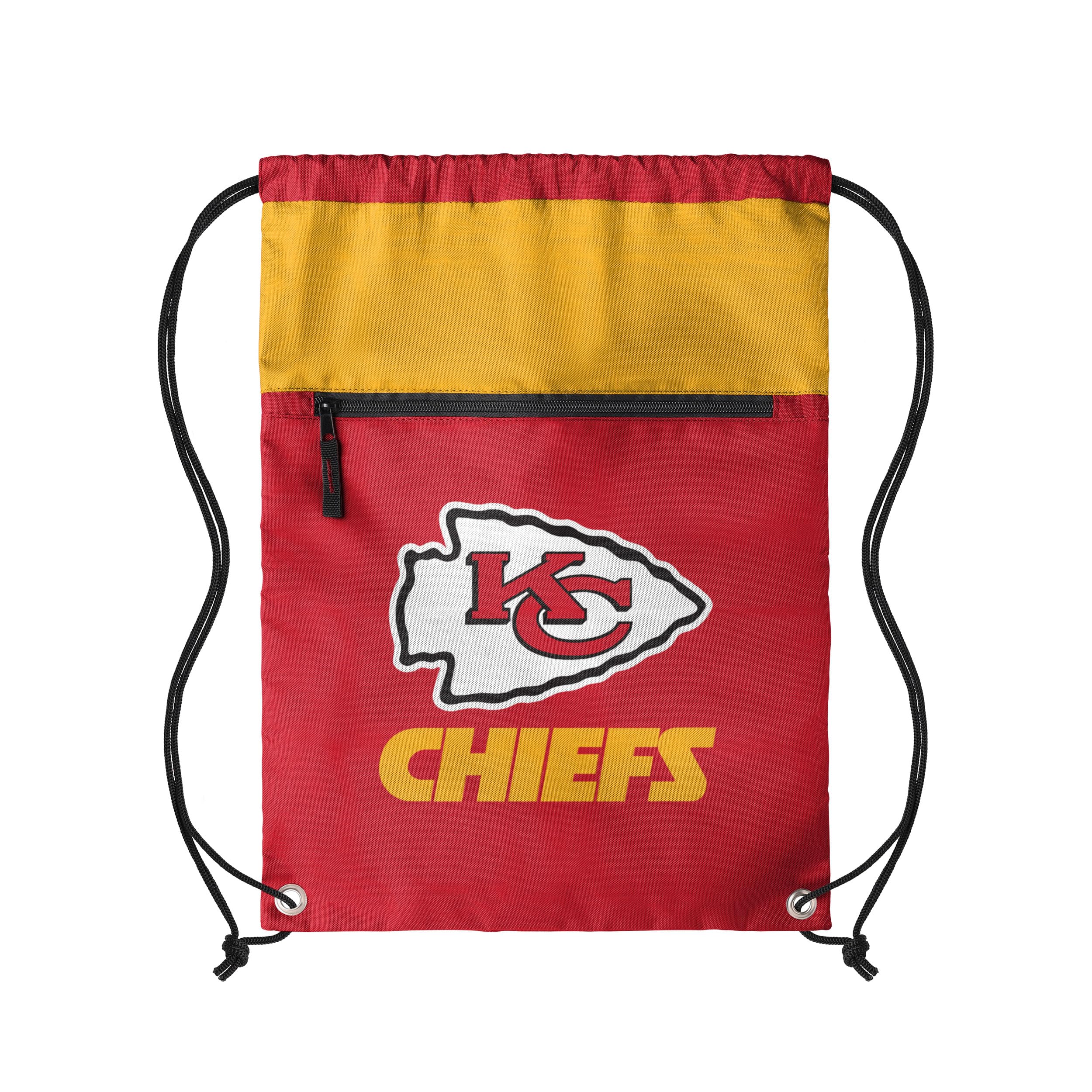 FOCO NFL Officially Licensed Unisex Team Color Football Primary Logo Wordmark Drawstring Backpack With Zippered Pocket, Kansas City Chiefs, One Size, Daypack Backpacks