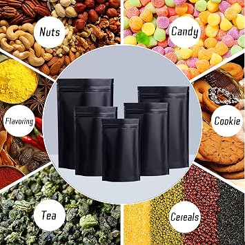 50pcs Mylar Bags,Ziplock Smell Proof Bag,Black Baggies Stand Up 14x20 cm