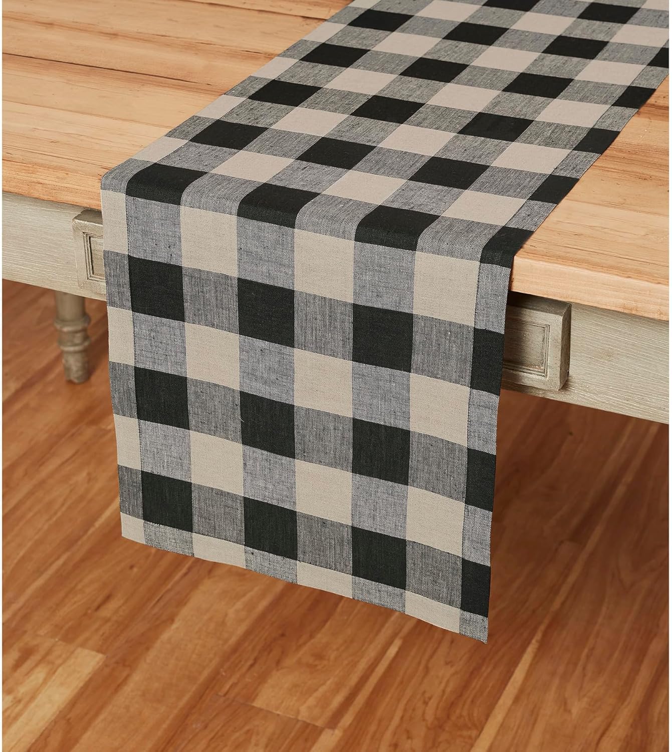 Solino Home Linen Buffalo Plaid Table Runner 48 Inches - 100% Pure Linen Natural and Black Checkered Table Runner 14 x 48 Inch Ideal for Dresser and Coffee Tables - Fall, Halloween, Thanksgiving