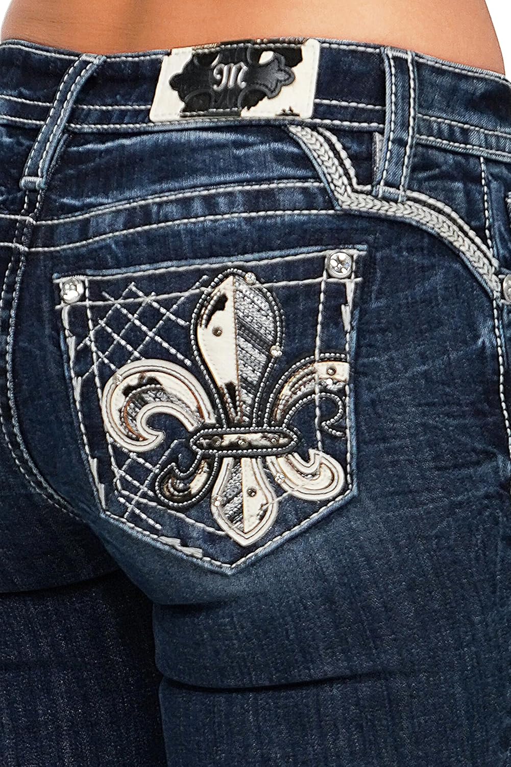 Miss Me Women's Cowhide Fleur de Lis Embellished Pockets Mid-Rise Bootcut Jeans - Image 4