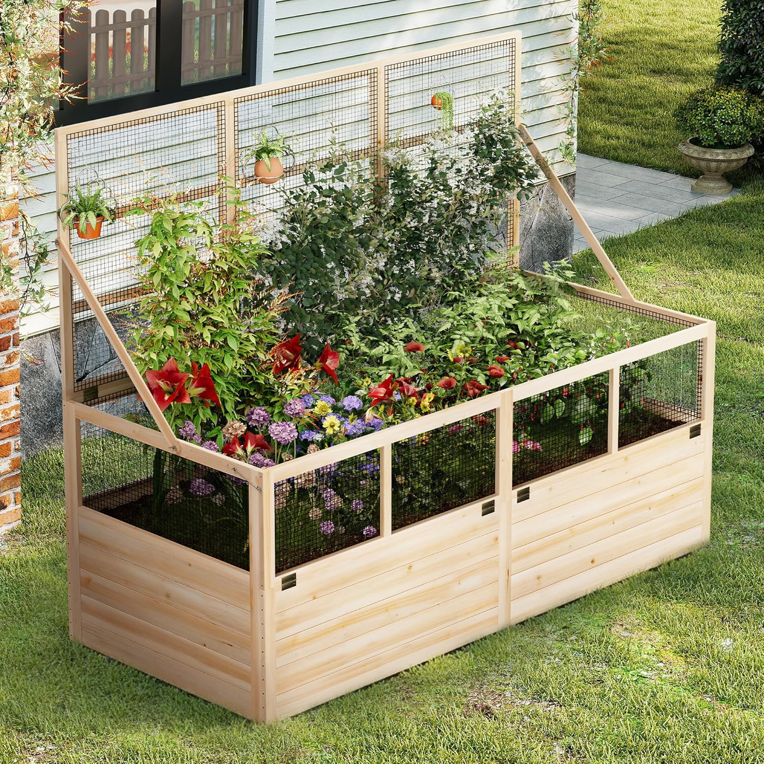 AMERLIFE Raised Garden Bed with Hinged Fencing and Trellis, 18 Inch Deepened Wood Planter Box, 2 PCS Flip-up Front Panel, Easy Assembly, Ideal for Seed Starting and Growing Vegetables & Fruits