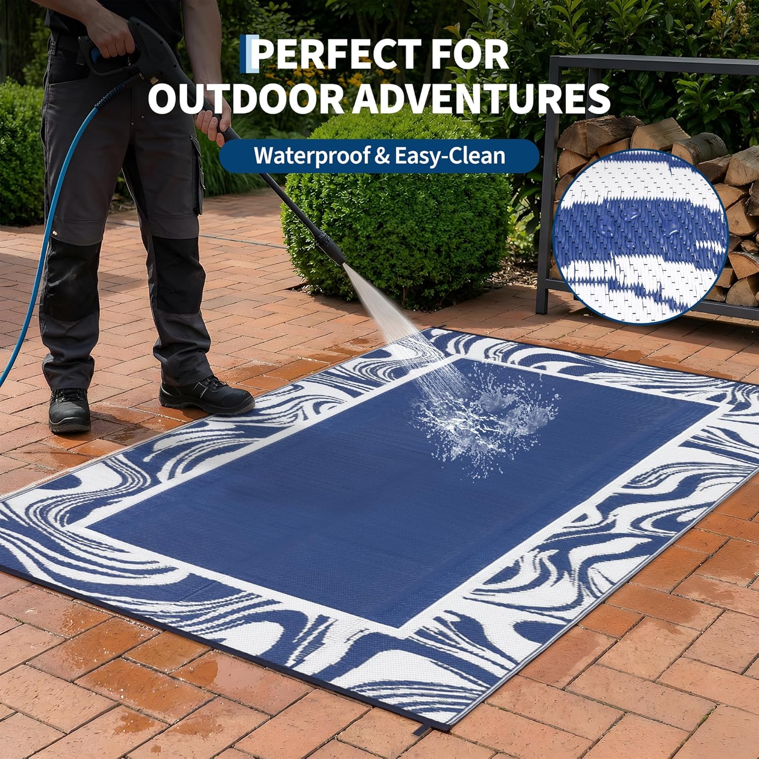 Garvee Outdoor Rug 5x8 Modern Bordered Patio Rug Foldable Plastic Straw Rugs Waterproof Abstract Reversible Large Outdoor Carpet for Patio, RV, Deck, Balcony, Backyard, Picnic, Beach, Clover,Navy